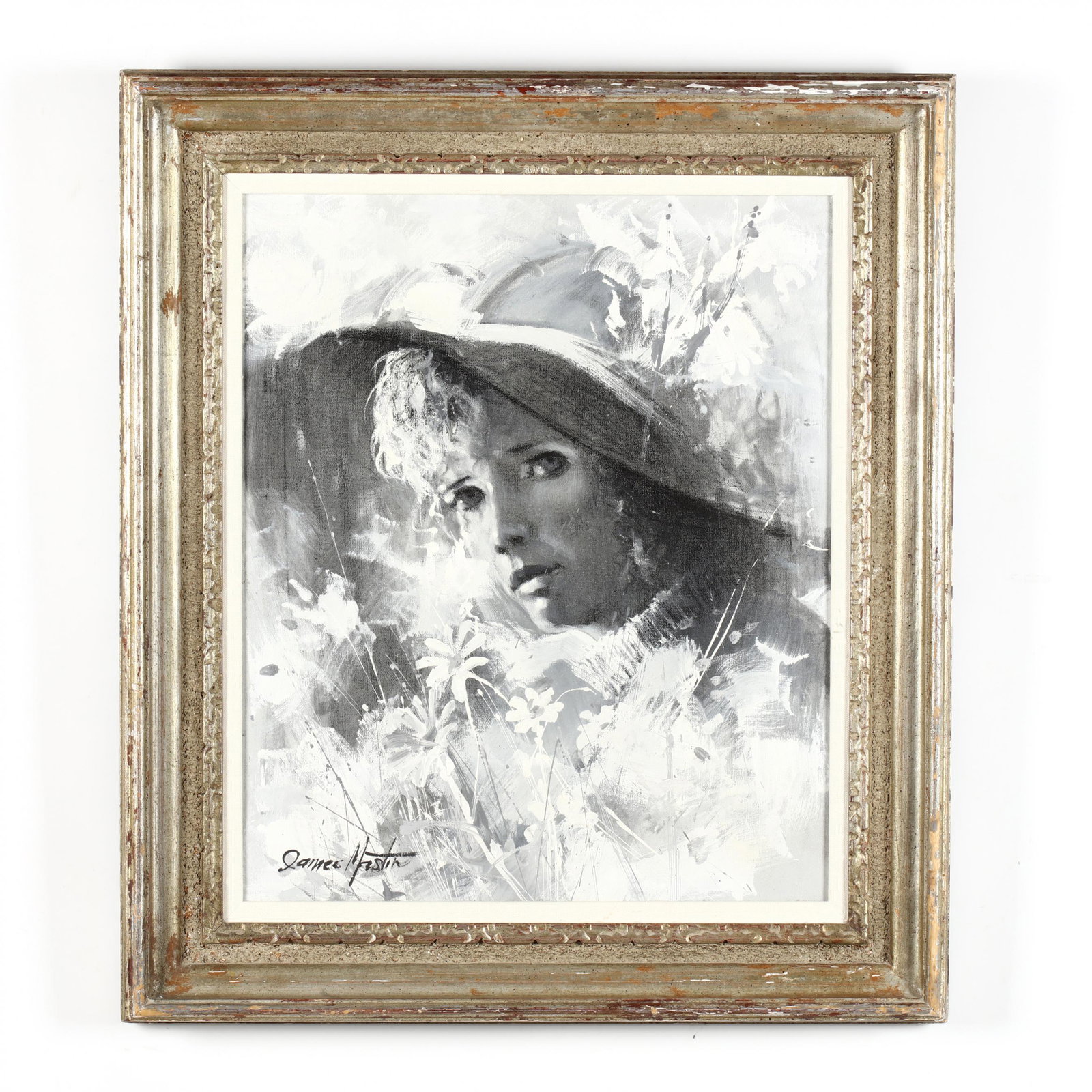 James Mastin (American, 1935-2016), Woman with Hat: James Mastin (American, 1935-2016), Woman with Hat oil on canvas, en grisaille, signed at lower right, framed. DOA 32 x 27.5 in. From the Estate of the late Mr. & Mrs. Walter R. Davis, Chapel Hill, No