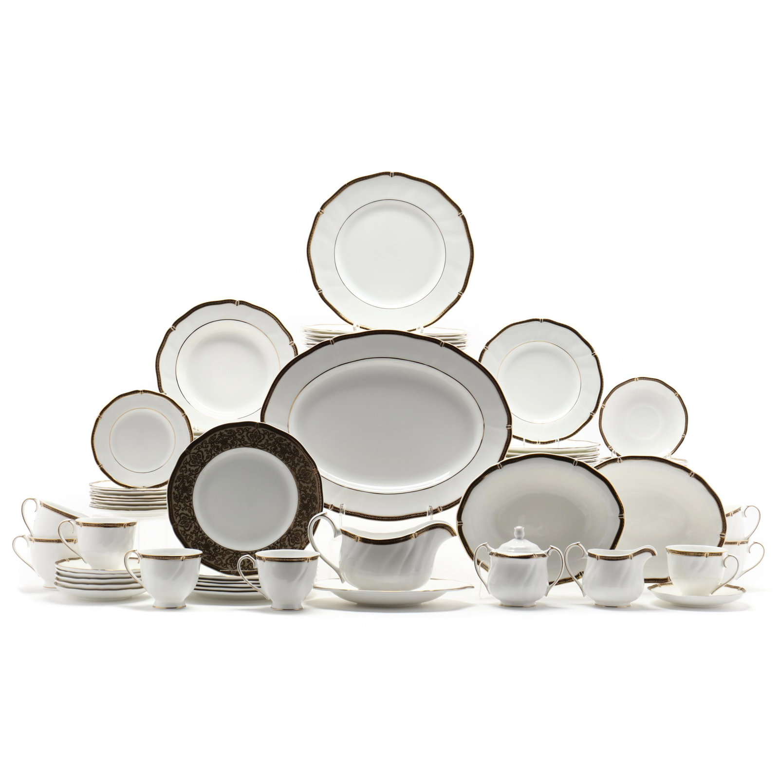Set of Wedgwood China "Windsor Black" Service for: Set of Wedgwood China "Windsor Black" Service for Eight, (62) Pieceseach piece with gold on black accents: eight dinner plates (10 7/8 in.); six dessert plates (9 in.); eight salad plates (8 in).; eig
