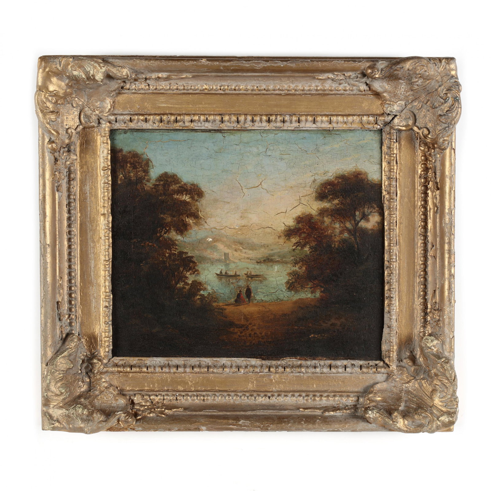 Continental School (19th century), Landscape with Lake: Continental School (19th century), Landscape with Lake and Figures oil on canvas laid on panel, unsigned, presented in an antique gilt frame with composition ornament. DOA 13 x 14 in. Additional high-
