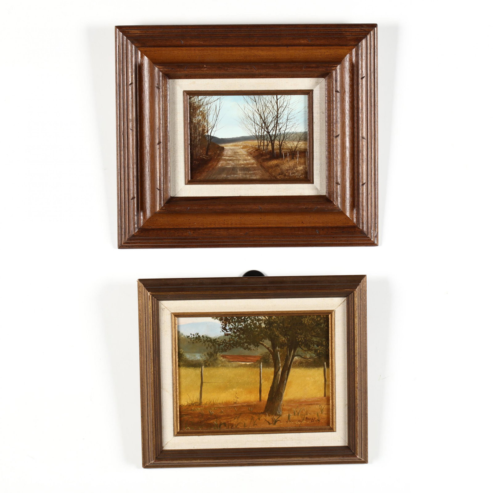 Ronald Lewis (AL), Two Original Paintings: Ronald Lewis (AL), Two Original Paintingsthe first an oil on board, titled Fall Road, signed at lower right, framed (DOA 12.25 x 14.25 in.); the second on oil on Masonite, titled Reed's Farm, signed a