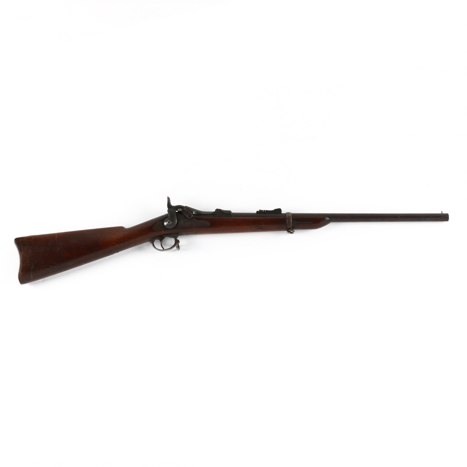 Model 1878 U. S. "Trapdoor" Carbine: Model 1878 U. S. "Trapdoor" Carbine serial number 18994 on breech block, inspector's "SWP" cartouche on left shoulder dated 1882, 22 in. round barrel with two sights, .45-70 caliber, walnut stock with
