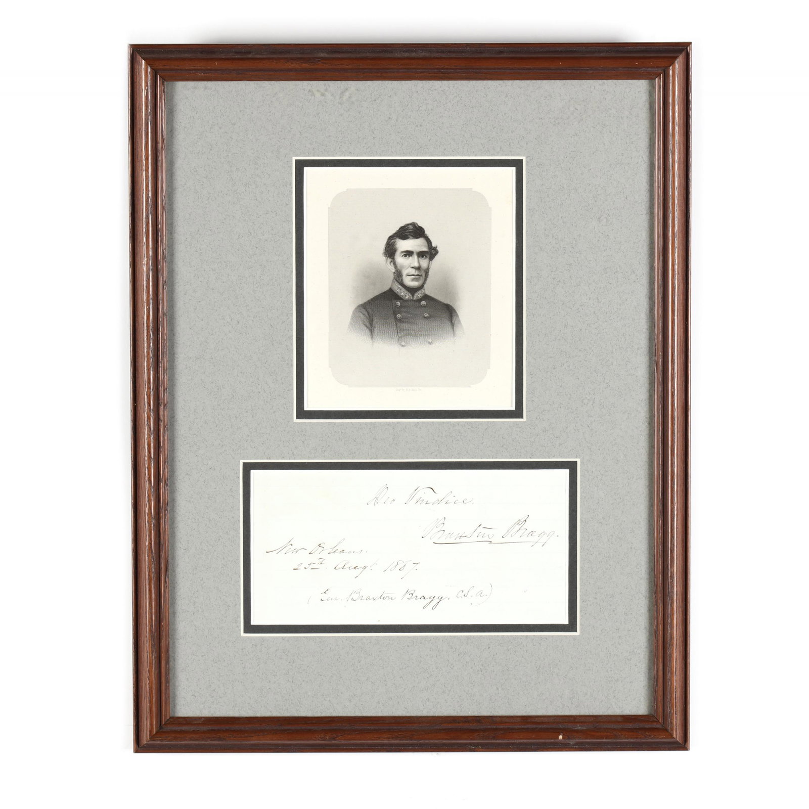 Confederate General Braxton Bragg Autograph Note Signed: Confederate General Braxton Bragg Autograph Note Signed one page ruled paper, reading "Deo Vindice / Braxton Bragg./ New Orleans / 25th Augt, 1867" and, in a different hand, "Gen. Braxton Bragg, C.S.A