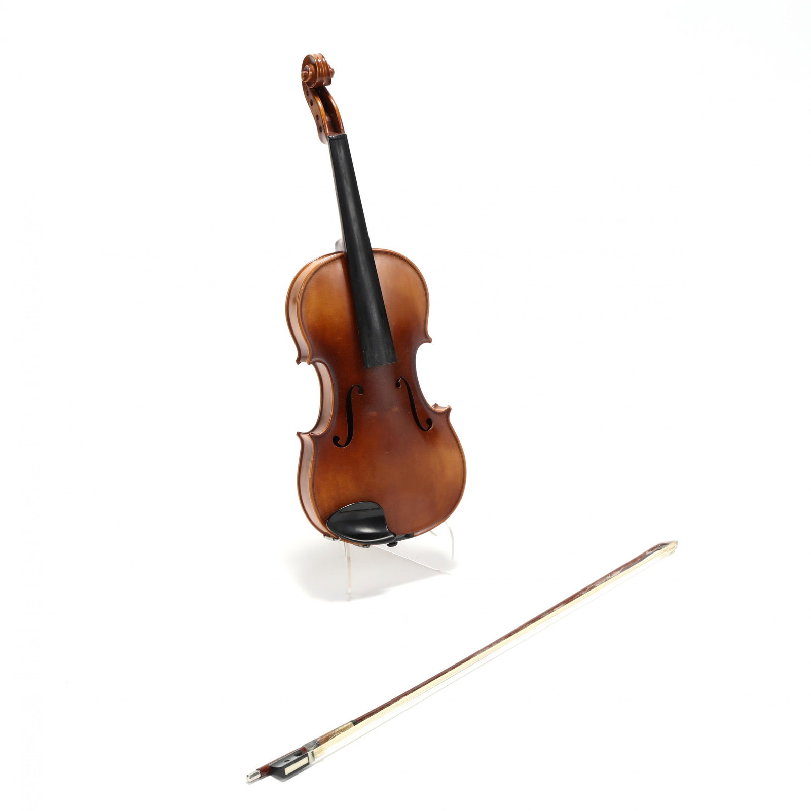 Ernst Martin 4/4 Violin with Bow: Ernst Martin 4/4 Violin with Bow early 20th century, interior label reading "E. Martin / Sachsen, Germany, copy of Stradivarius" and incorporating a smaller label stating "Bruno means security," indic