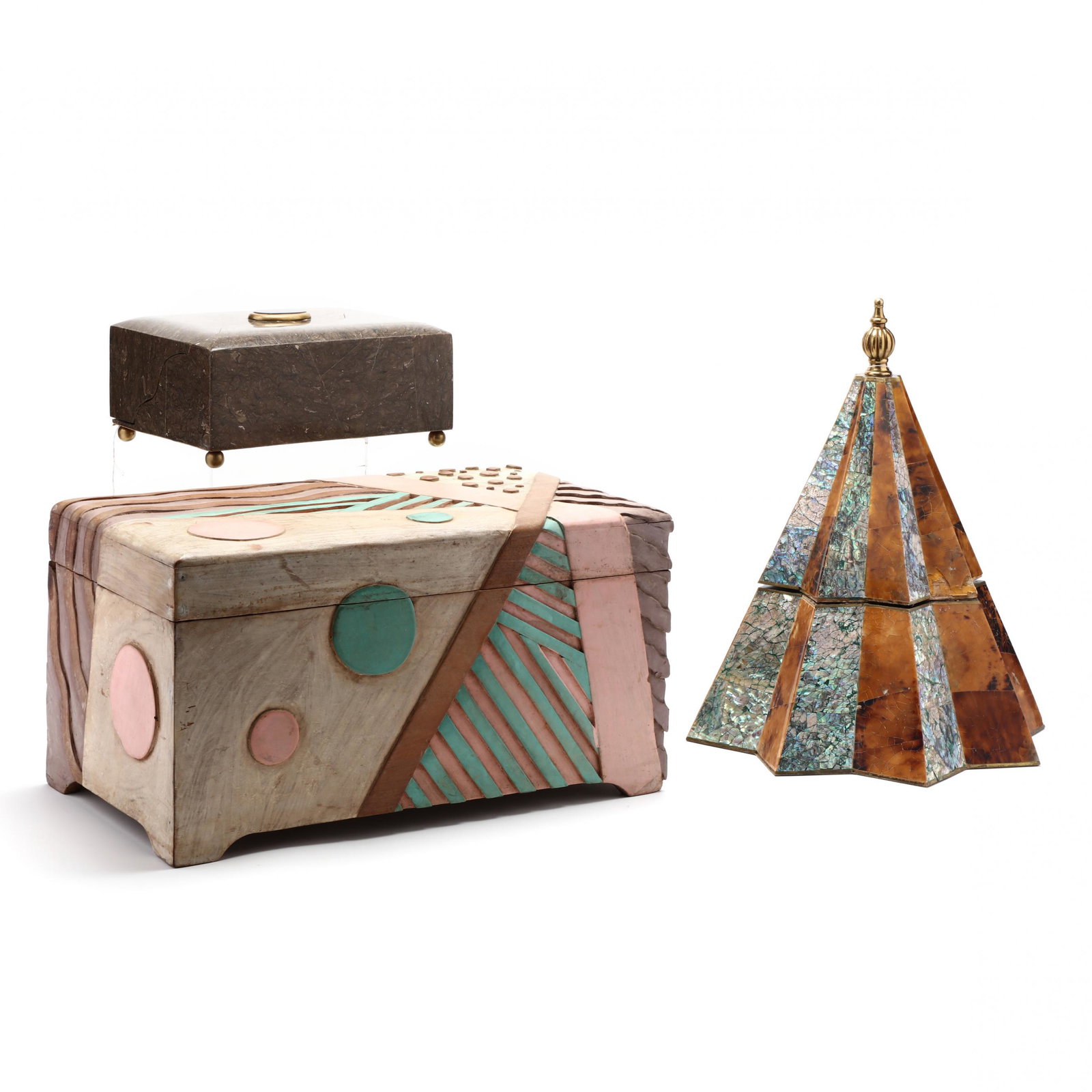 Three Decorative Boxes, incl. Maitland Smith: Three Decorative Boxes, incl. Maitland Smithlate 20th century, including a carved and painted mahogany Memphis era box; a faux shell and abalone veneered tapered star shaped box by Maitland Smith (lab