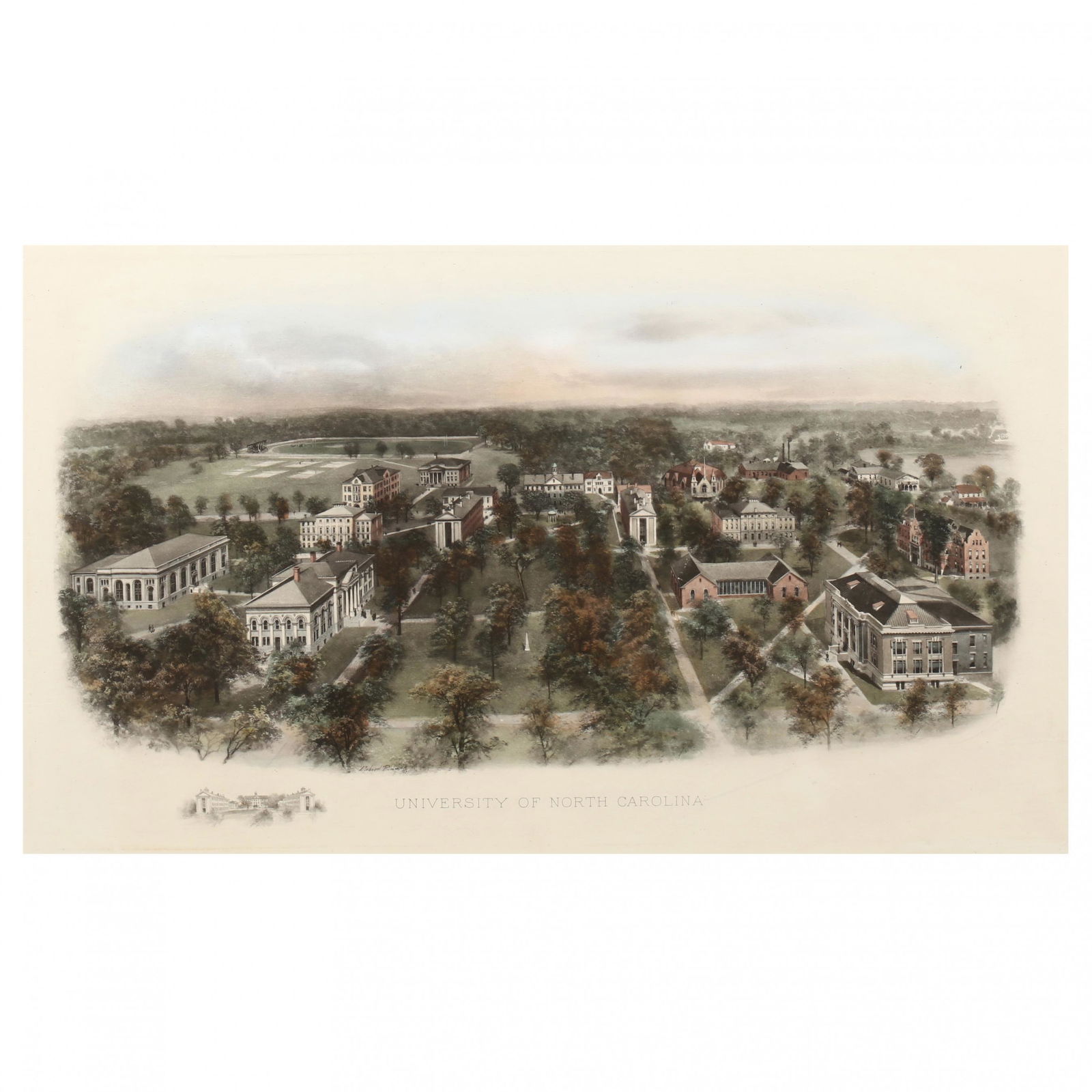 Antique Bird's-Eye View of the University of North: Antique Bird's-Eye View of the University of North Carolina at Chapel Hill, Richard Rummellhand-colored lithograph, 1907, with printed remarque lower left, matted and framed. Image size 17 x 30 in.; F
