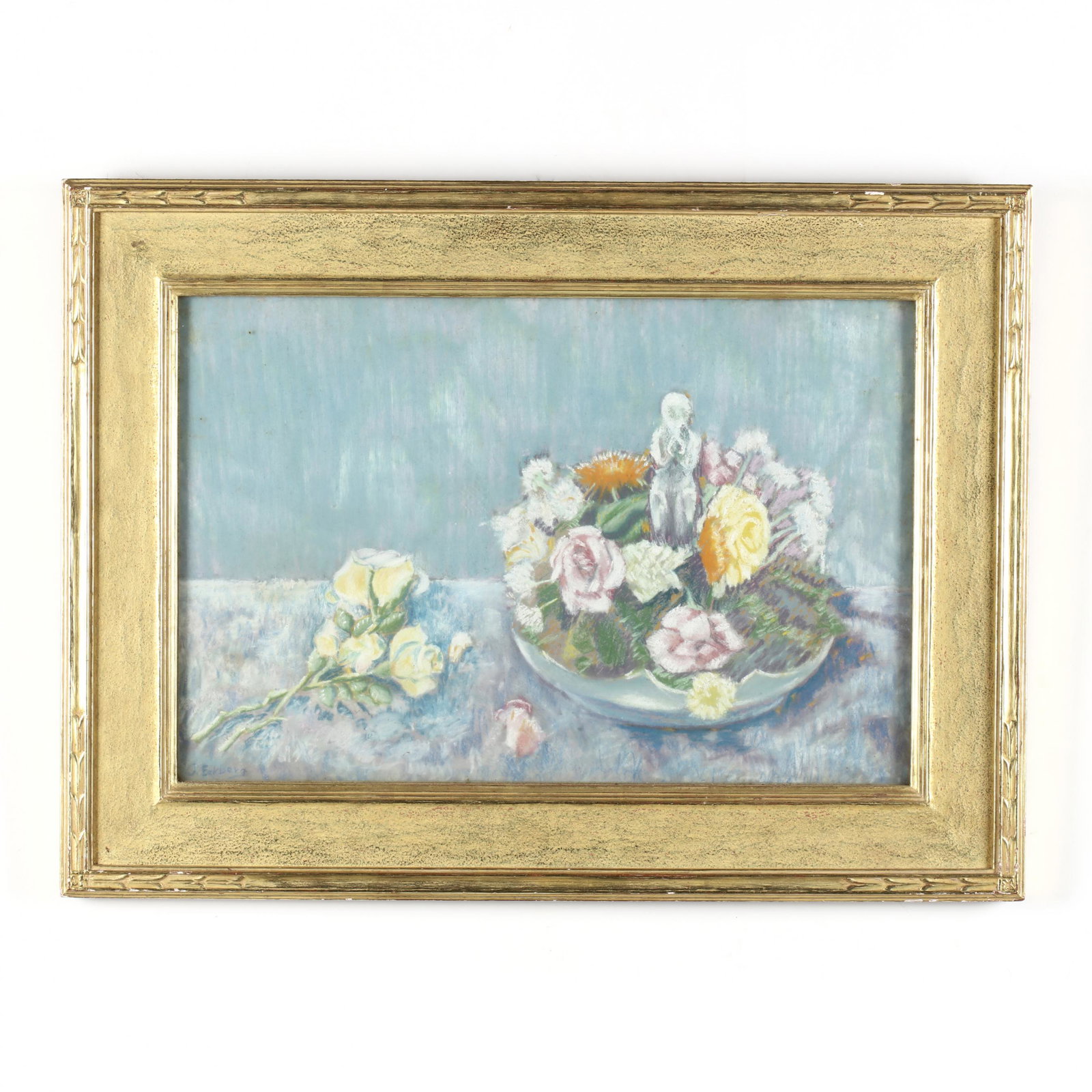 John E. Eckberg (MA, 1903-1993), Still Life: John E. Eckberg (MA, 1903-1993), Still Life pastel, signed at lower left, circa 1934, presented under glass within a period water gilded frame, retaining exhibition labels to the verso. Frame dimensio