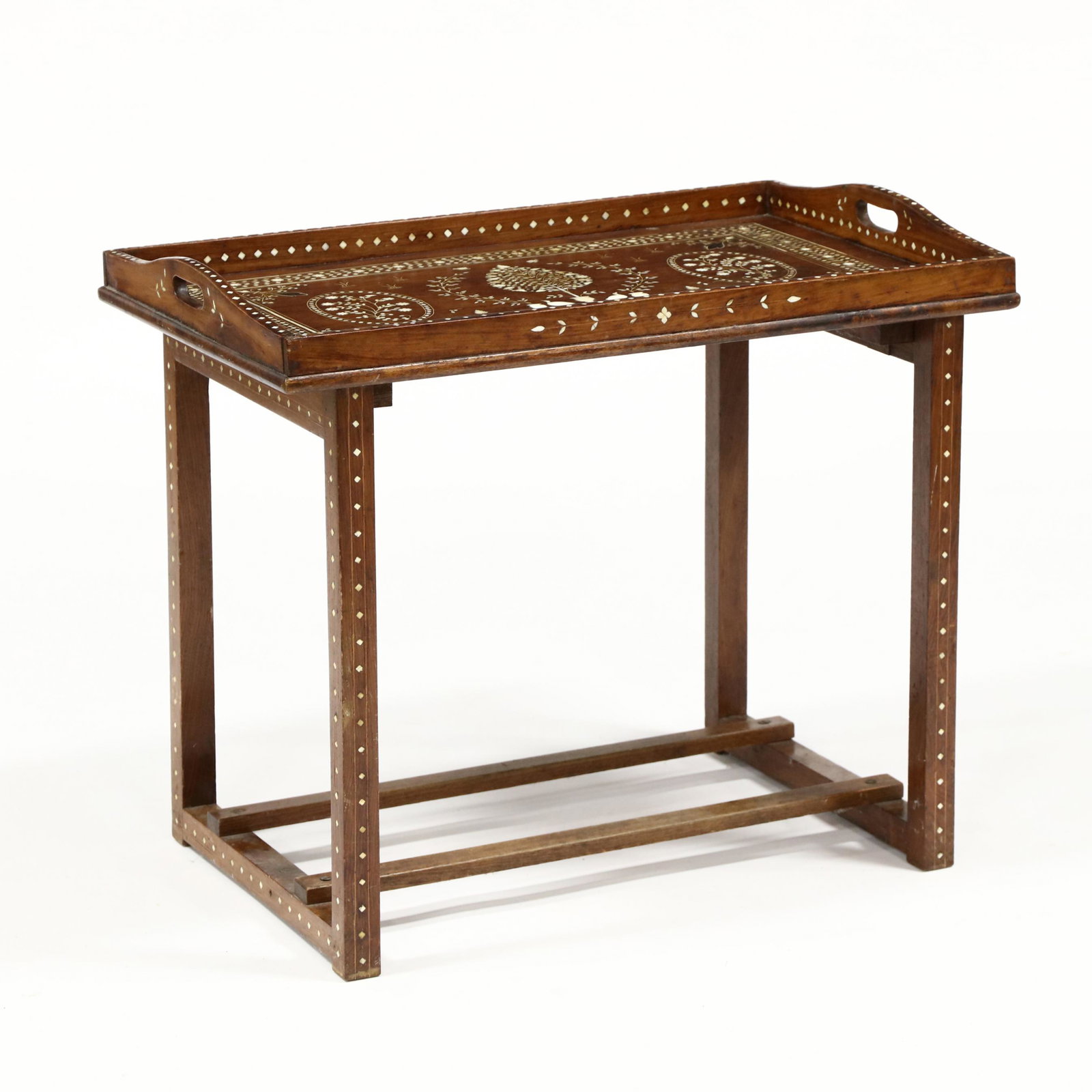 Anglo Indian Inlaid Teak Tray Table: Anglo Indian Inlaid Teak Tray Table first half 20th century, one part form, with bone and ebony inlays featuring an urn with the tree of life, birds and foliate motifs. 23 x 27 x 18 in. Additional hig