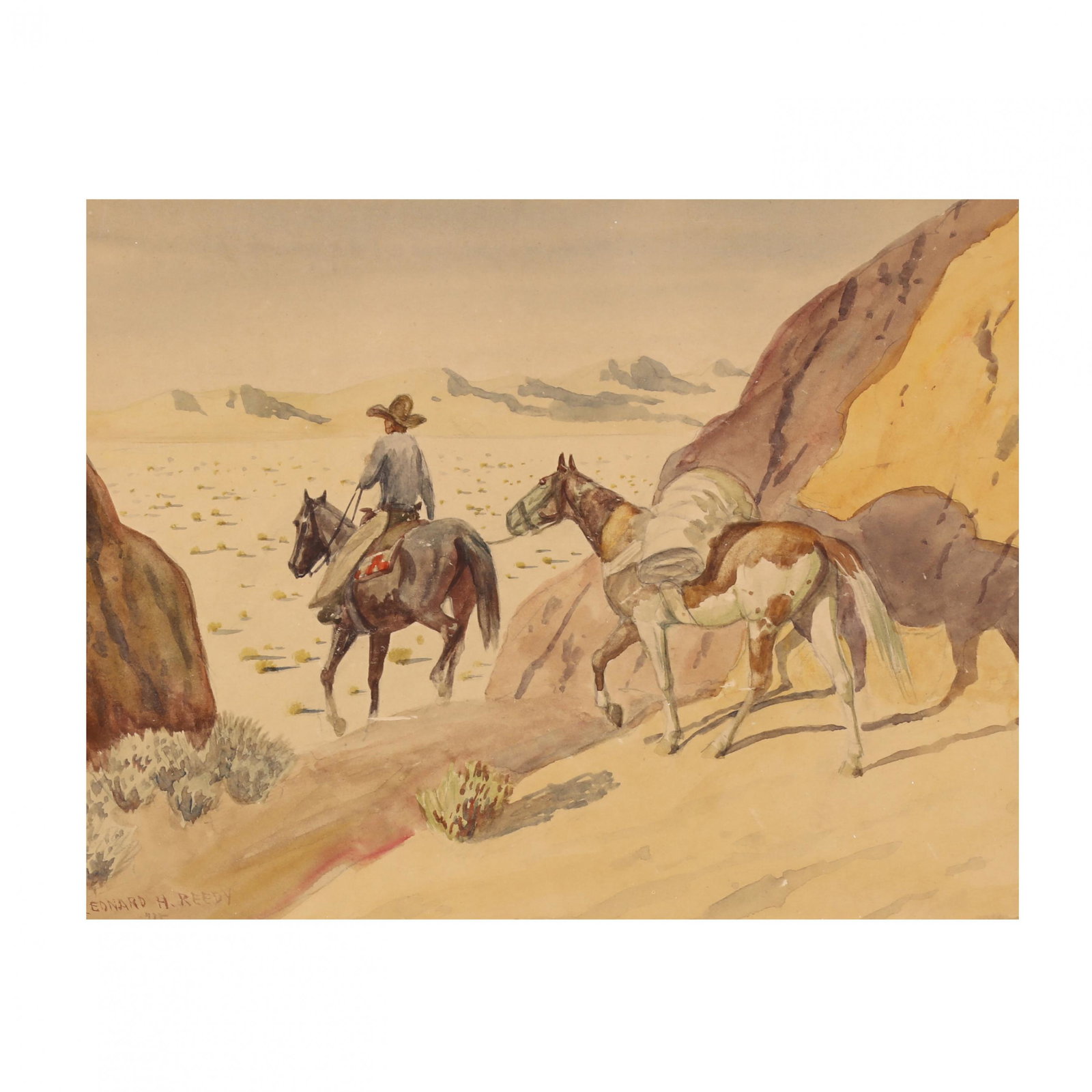Leonard Reedy (Chicago, 1899-1956), Desert Expedition: Leonard Reedy (Chicago, 1899-1956), Desert Expedition on Horseback watercolor on cream paper, signed lower right and dated 1945, presented behind UV glass, matted and framed. Frame Dimensions: 12.75 x