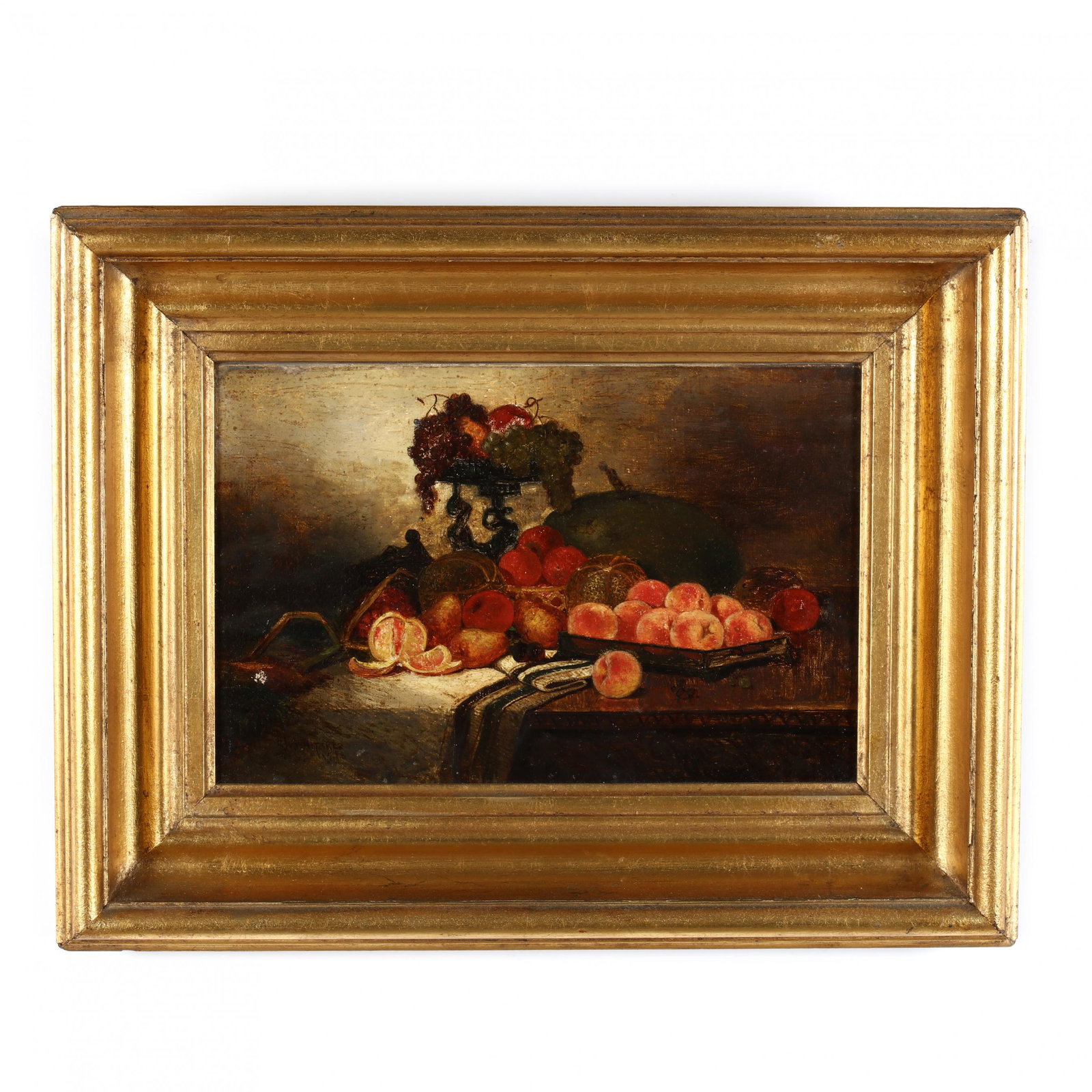 George William Whitaker (1841-1916), Still Life with: George William Whitaker (1841-1916), Still Life with Fruit oil on canvas, signed lower left and dated 1918, presented in a gilt frame. Frame Dimensions: 13.75 x 17.75 in. George William Whitaker was a