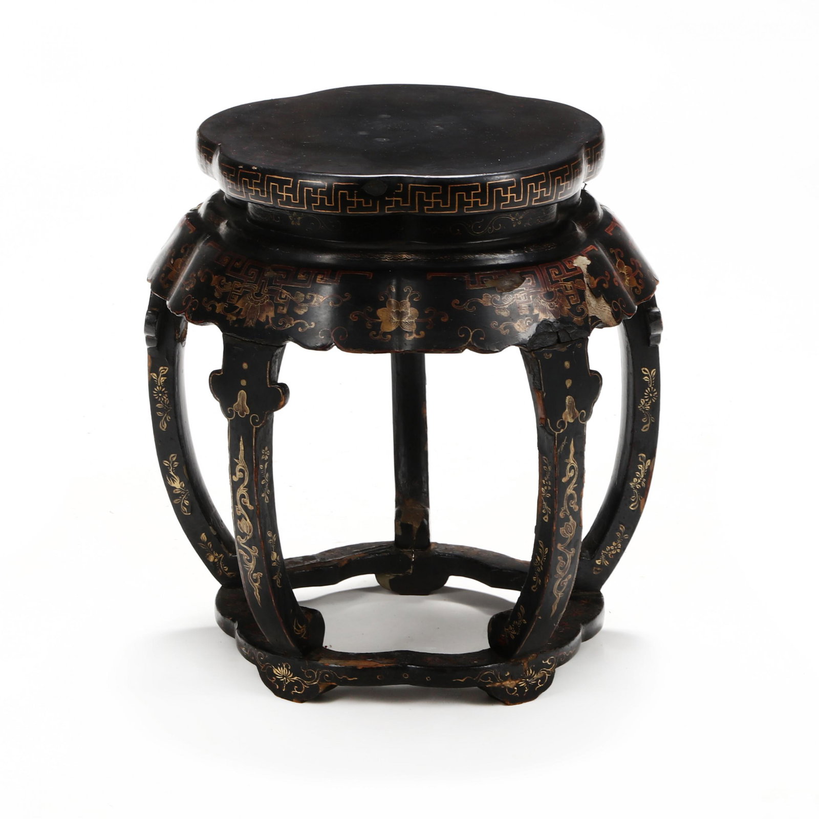 Chinese Lacquered Garden Stool / Table: Chinese Lacquered Garden Stool / Table late 19th / early 20th century, scalloped form with black lacquer having a red and gilt highlight, shaped stretcher base. 19 x 17 in. diameter Additional high-re