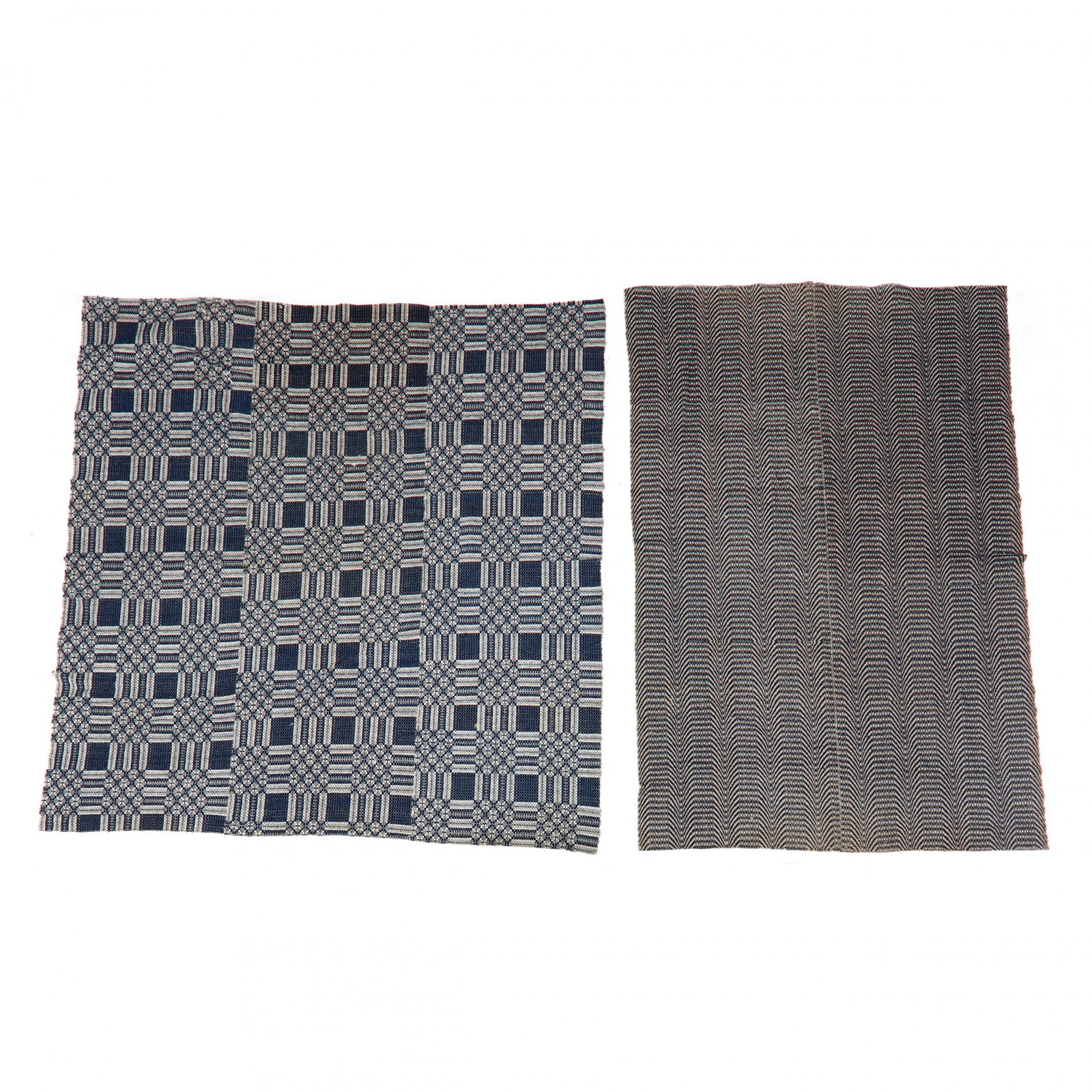Two Antique Blue and White Overshot Wool Coverlets: Two Antique Blue and White Overshot Wool Coverlets the first a three piece form in a geometric design (96 x 96 in.) (with staining and some scattered holes); the second a two piece form (68 x 100 in.)