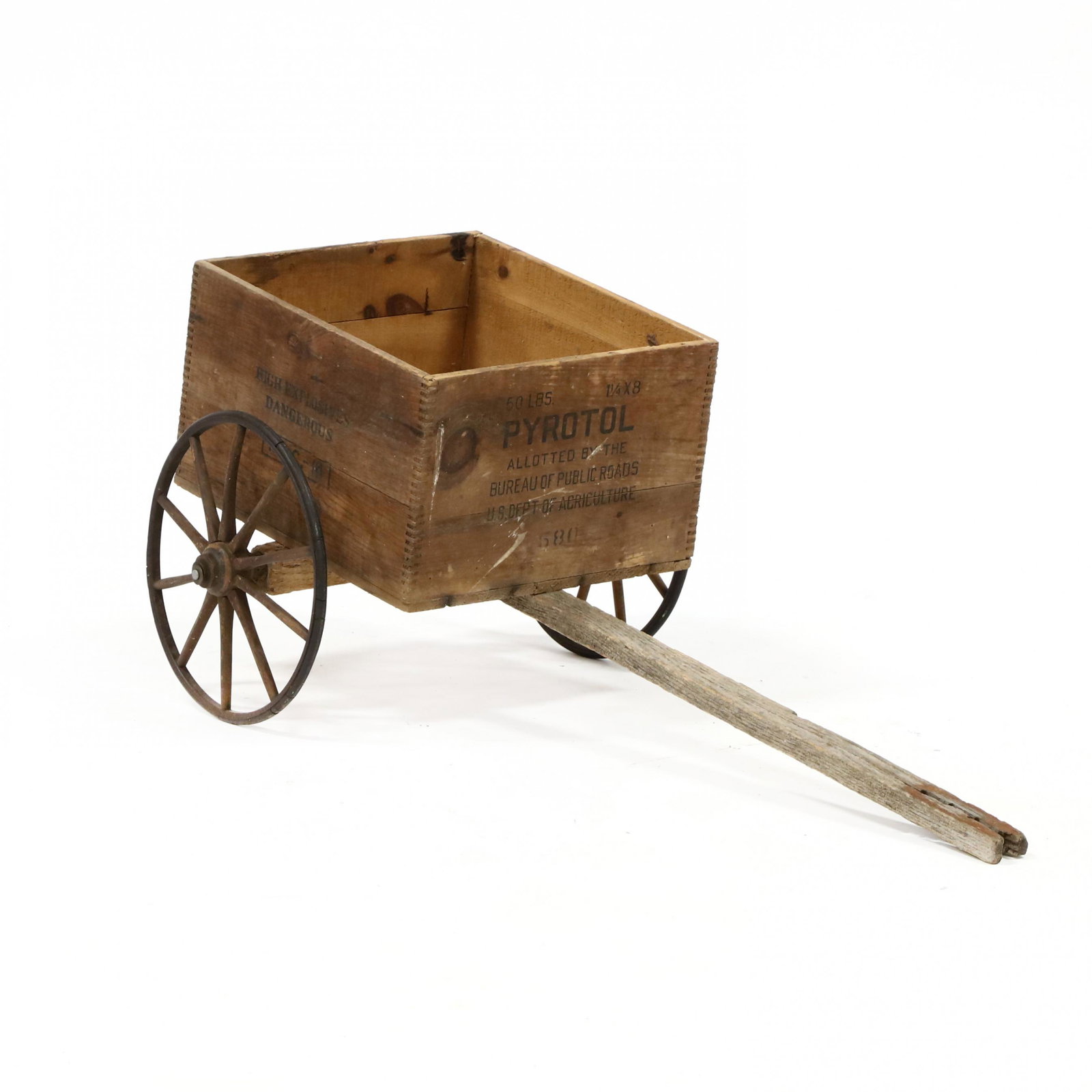 Vintage Explosives Crate on Cart: Vintage Explosives Crate on Cart early 20th century, stenciled pine crate on antique cart. 19 x 22 x 50 in. This cart was used and displayed at the Bob Timberlake Studio. From the Personal Collection 