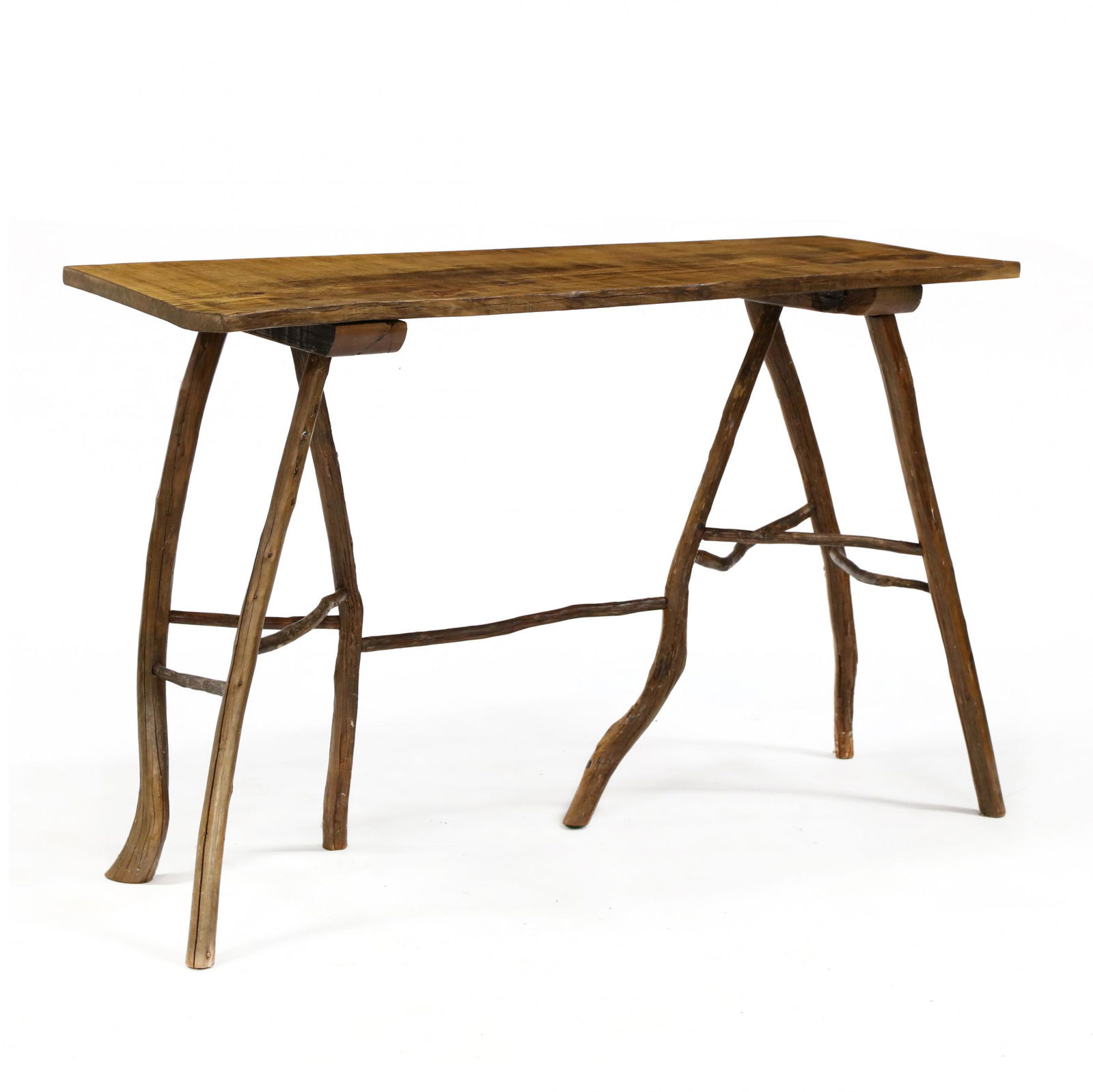 Jerry Poole (NC), Folky Console Table: Jerry Poole (NC), Folky Console Table20th century, having a one board oak top supported by twig columns at each end, the twigs joined with triangular stretchers. 34 x 54 x 19.5 in. Jerry Poole is a de