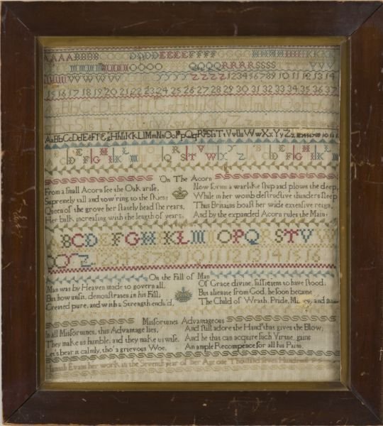 English Sampler, "Hannah Evans 1795,": English Sampler, "Hannah Evans 1795," polychrome thread on linen, alphabet and numerals over verses. Framed under glass. 13.75" x 12"