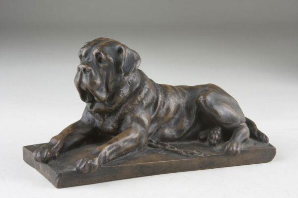Bronze after Charles Valton (FR, 1851-1918),: Bronze after Charles Valton (FR, 1851-1918), recumbent mastiff signed "VALTON" on rear of base, applied patina. 5" x 10"