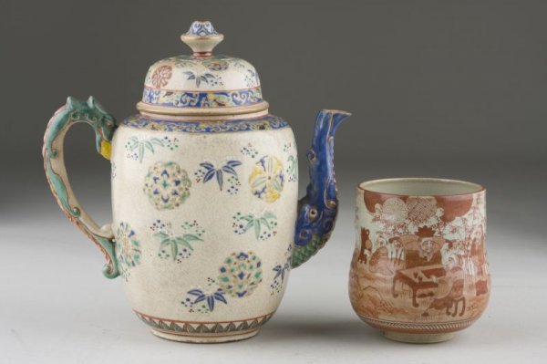 Two Pieces of Oriental Porcelain, 19th c.,: Two Pieces of Oriental Porcelain, 19th c., the first, a Satsuma teapot with dragon handle and elephant spout (8.5"); the second, an Imari beaker with figural decorations, signed on base (4").