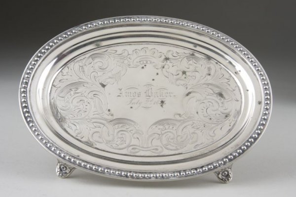 Coin Silver Receiving Tray, Boston, ca. 1854,: Coin Silver Receiving Tray, Boston, ca. 1854, by N. Harding & Co. (active in Boston between 1830 and 1860), oval form raised on four applied feet with floral decoration, beaded edge, the center with f