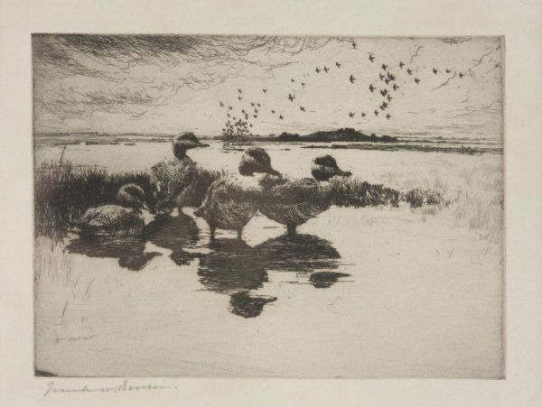 Frank Benson (MA, 1862-1951), "Calm,": Frank Benson (MA, 1862-1951), "Calm," etching, artist signed in pencil along the lower margin "Frank W. Benson," matted and framed under glass. This is a trial proof, rather than more commonly found p