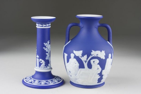 Wedgwood Dark Blue Jasperware, Amphora Form,: Wedgwood Dark Blue Jasperware, Amphora Form, 19th c., with classical relief depictions of Hygeia seated next to Asclepius, Aphrodite on the opposite, impressed "WEDGWOOD ENGLAND" and letter code "Y",