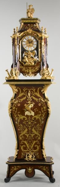 Franz Hermle Clock and Pedestal Base,: Franz Hermle Clock and Pedestal Base, burl wood and marquetry style, both clock case and pedestal with elaborate gilt metal mounts, the case surmounted by a full bodied figure of Athena, the brass wor