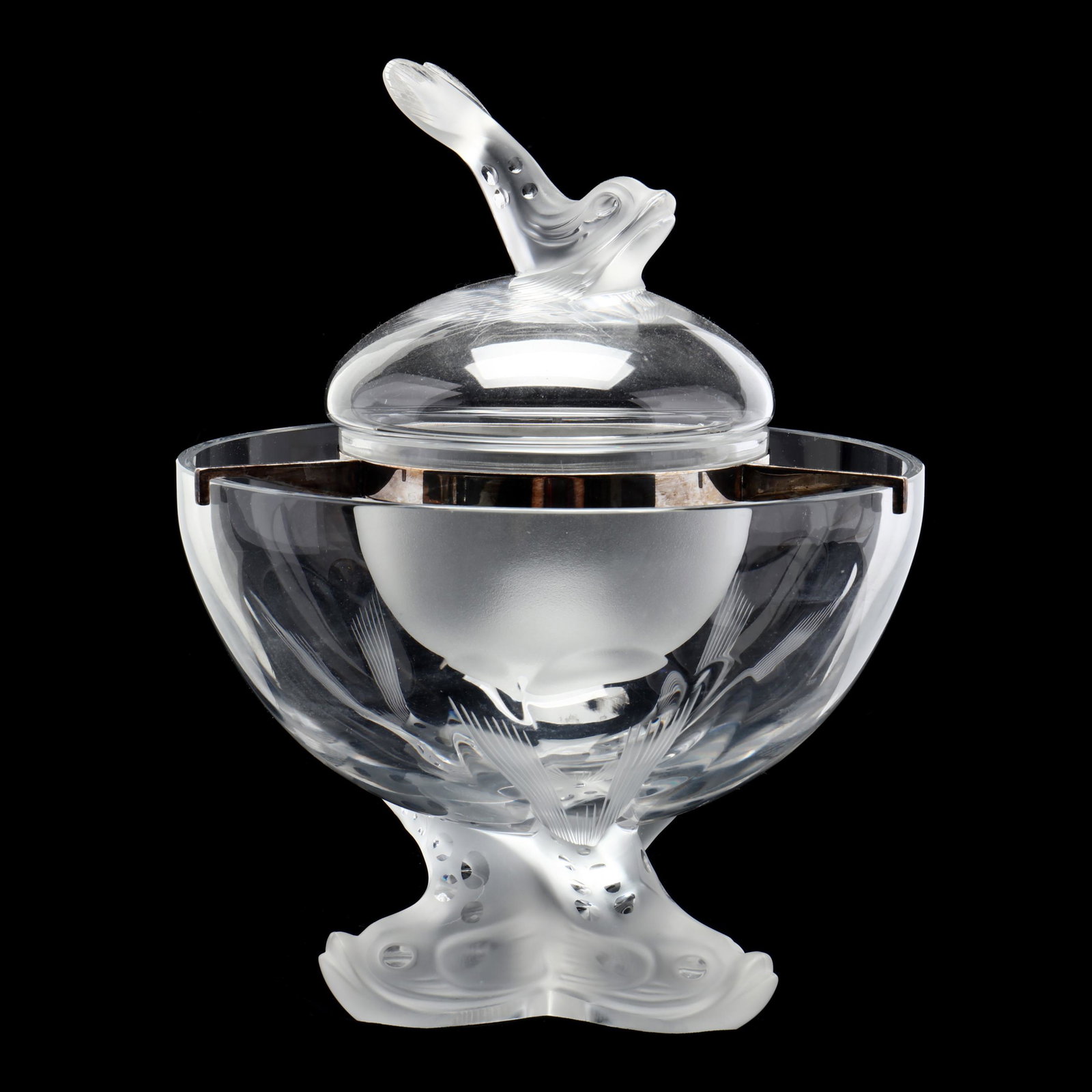 Lalique, Igor Caviar Serving Bowl: Lalique, Igor Caviar Serving Bowl France, frosted and polished clear crystal with dolphin form handle and feet, comprised of a central lidded caviar bowl with silverplate armature suspended over a lar