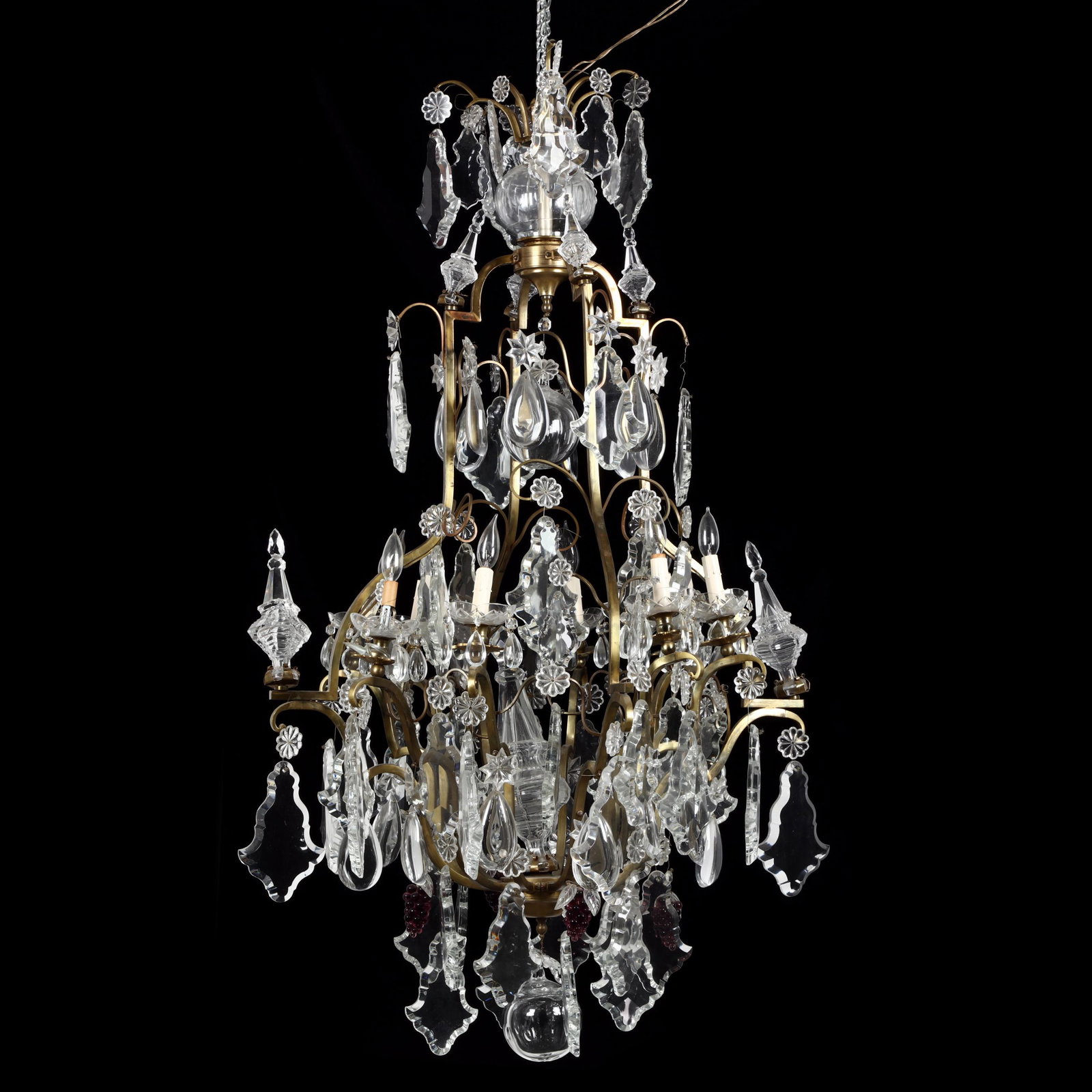 Large Vintage Italian Rococo Style Drop Prism: Large Vintage Italian Rococo Style Drop Prism Chandelier mid 20th century, eight light form, brass frame with hollow spires, large faceted drop prisms, grape clusters, and hollow ball ornaments, with 