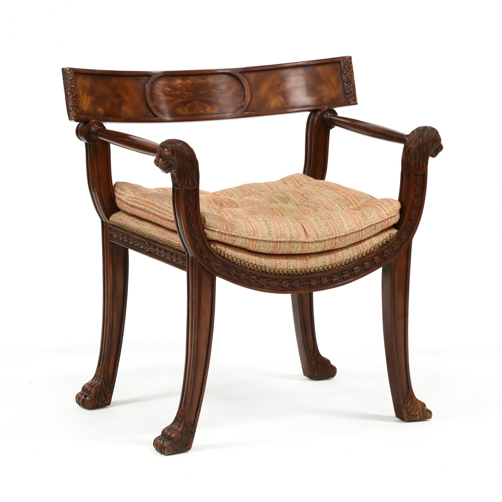 Theodore Alexander, Grecian Style Carved Mahogany: Theodore Alexander, Grecian Style Carved Mahogany Armchair contemporary, wide form seat with pillow-top cushion, acanthus carved and paneled crestrail, stiles surmounted by lion's head and bellflower,