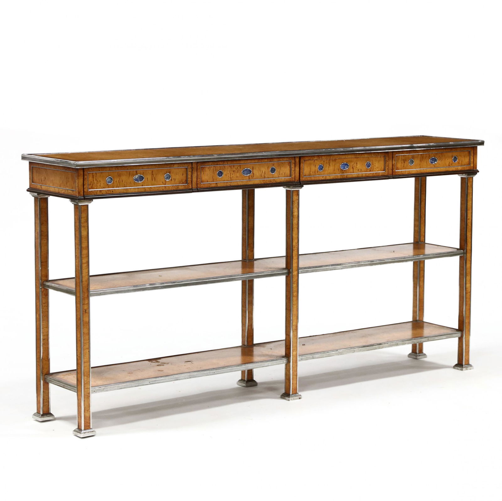 Theodore Alexander, Hermitage Collection, Lapis Inlaid: Theodore Alexander, Hermitage Collection, Lapis Inlaid Console Tablecontemporary, karelian birch and rosewood with stainless steel accents and lapis stone inlays, rectangular form with banded top, fou
