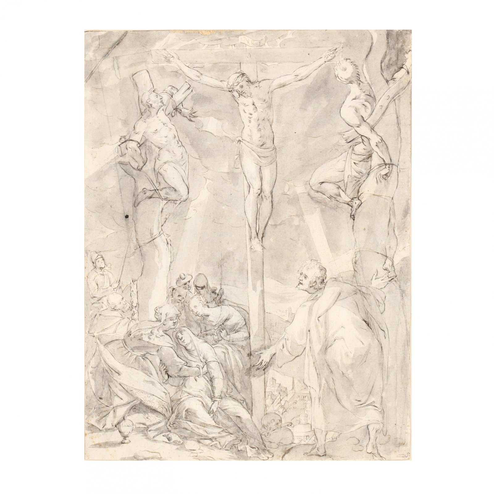 Continental School (19th century), Crucifixion Scene: Continental School (19th century), Crucifixion Scene ink and wash on paper, unsigned, float mounted and framed under glass. Sheet 11.25 x 8.25 in.; DOA 30.5 x 27.75 in. The Collection of Mr. Duggins a