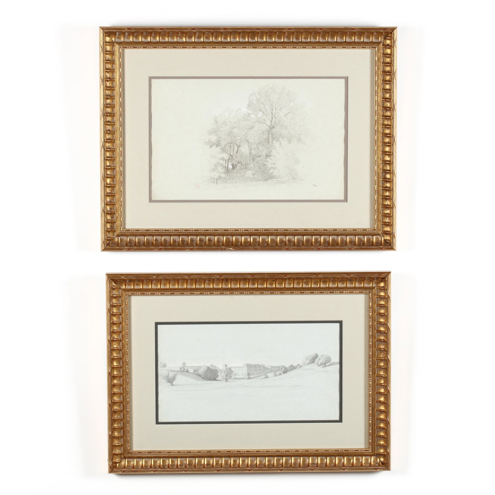 Jean-Achille Benouville (French, 1815-1891), Two: Jean-Achille Benouville (French, 1815-1891), Two Landscape Drawings the first a view of a city from the countryside, stamped at left middle paper edge; the second a study of a tree grove, stamped at l