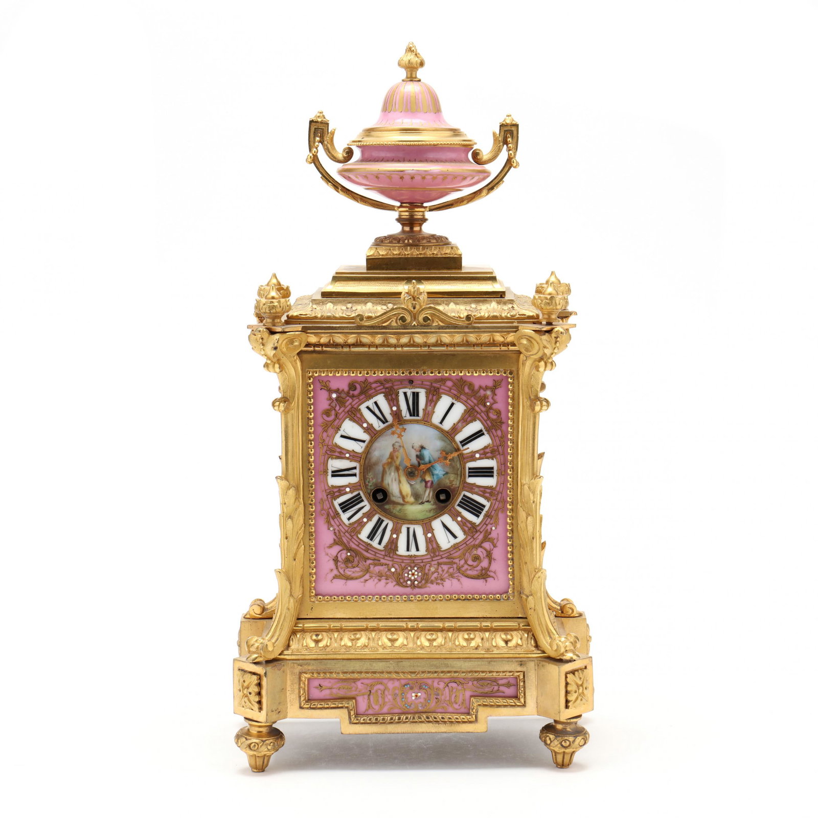 French Ormolu Mantel Clock: French Ormolu Mantel Clock late 19th - early 20th century, time and strike brass movement numbered 2357 and marked JM within a triangle; the dial with Roman numerals and pierced Gothic hands over a pa