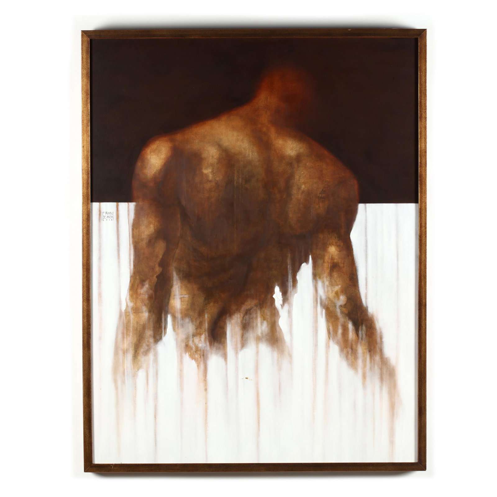 Francisco De Anda (Mexican, 20th/21st Century),: Francisco De Anda (Mexican, 20th/21st Century), Floating Torso oil on canvas, signed "Fran De Anda" and dated 2016 at middle left edge, presented in a gilt wood frame. DOA 52.5 x 41 in. Francisco is a