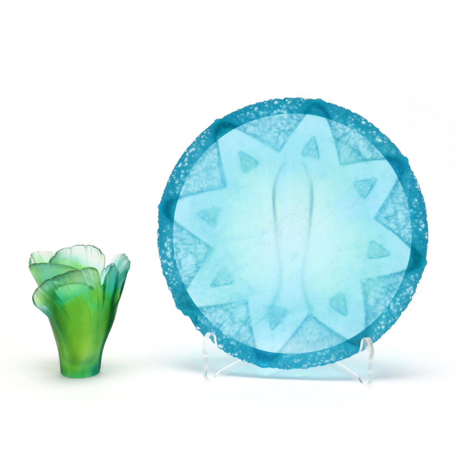 Daum, Pate de Verre Glass Dish and Small Vase: Daum, Pate de Verre Glass Dish and Small Vase France, late 20th century, including a blue low bowl with raised geometric sunburst decoration, together with a green flower form vase, each signed. Bowl 