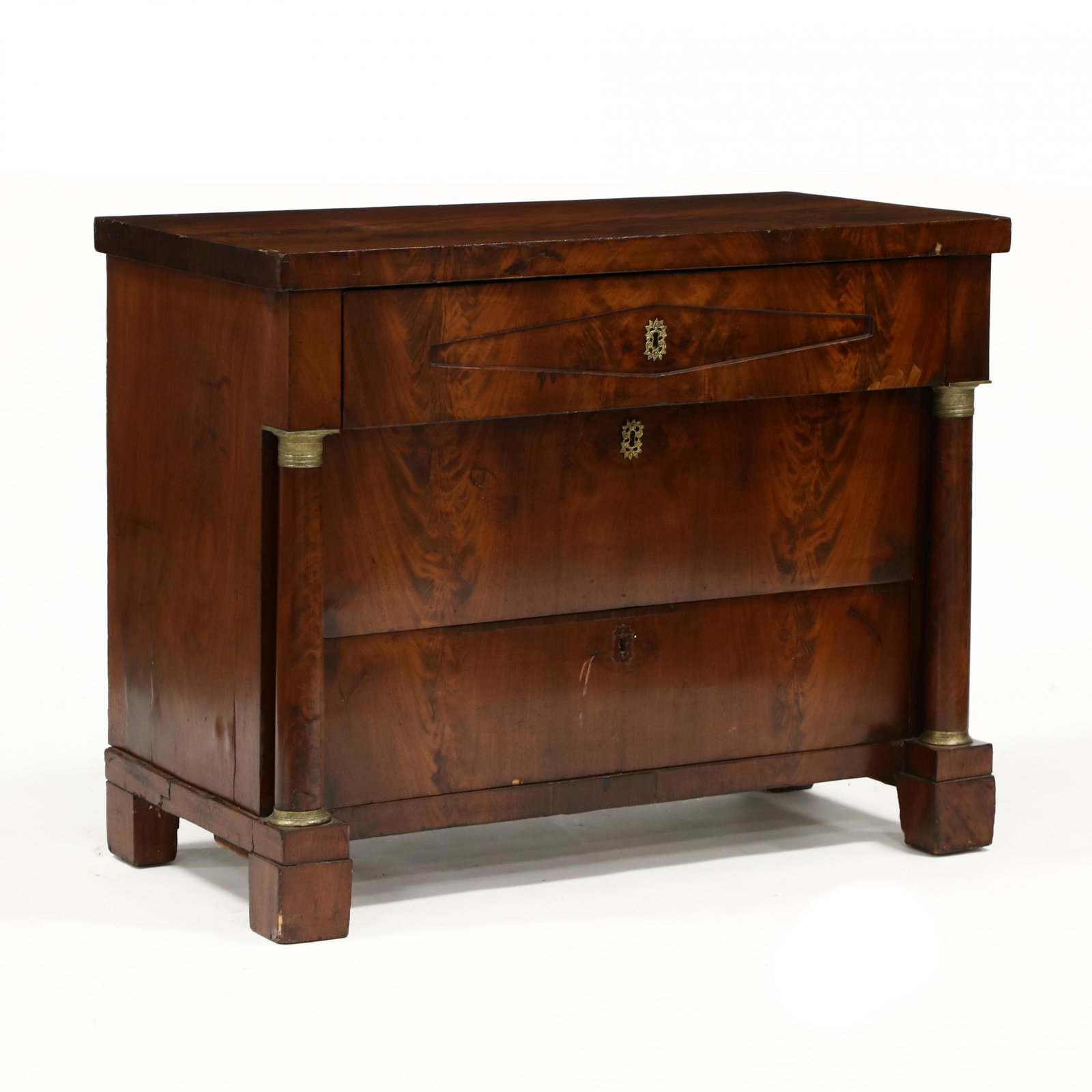 Neoclassical Mahogany Commode: Neoclassical Mahogany Commodemid 19th century, with high-grade mahogany veneers, oak secondary, upper projecting drawer with recessed panel, over two flush drawers, flanked by fully-turned and ormolu