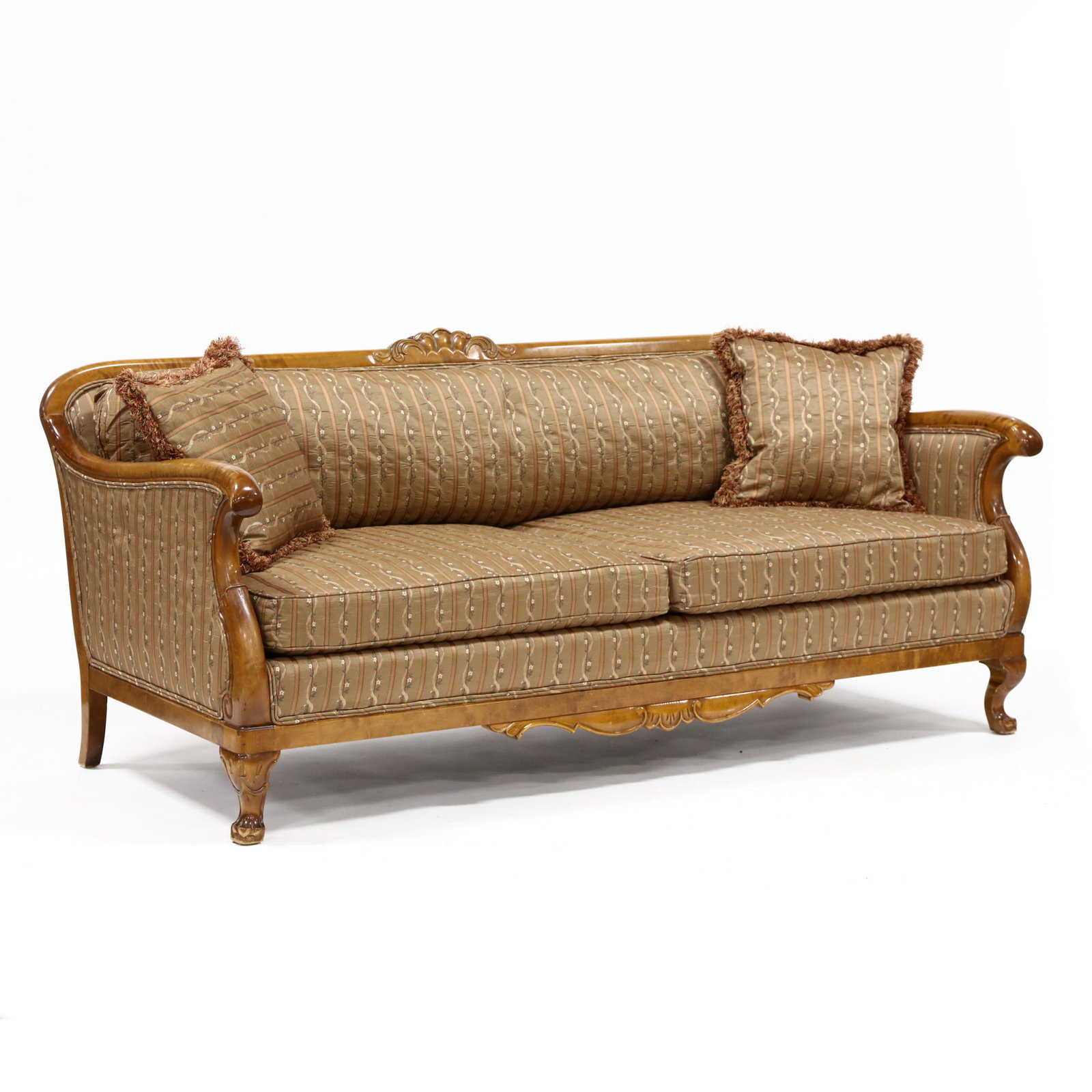 Classical Style Maple Sofa: Classical Style Maple Sofa late 20th century, carved crest rail, loose cushions, on cabriole feet. 32 x 76 x 34 in.; Seat height 18.5 in. The Collection of Mr. Duggins and Mr. Dunn, High Point, North 