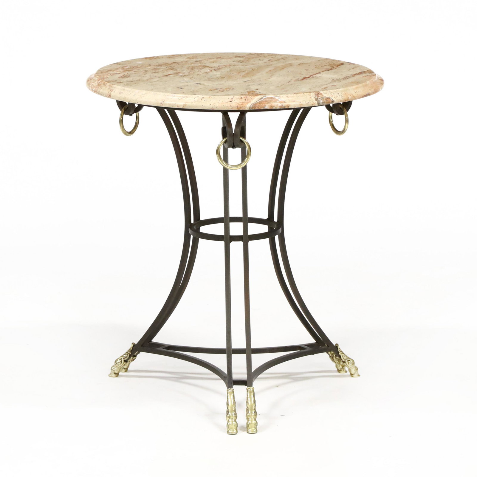 att. Theodore Alexander, Neoclassical Style Iron and: att. Theodore Alexander, Neoclassical Style Iron and Marble Top Table contemporary, circular marble top with molded edge, iron and brass base, with hoof feet, unmarked. 24 x 22 in. diameter The Collec