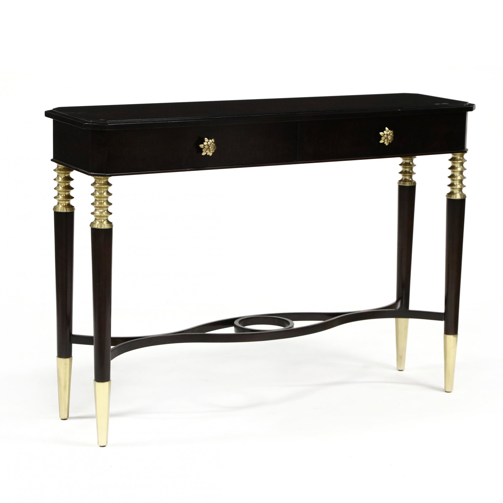 Theodore Alexander, Contemporary Neoclassical Style Two: Theodore Alexander, Contemporary Neoclassical Style Two Drawer Console Table contemporary, dark stained figured maple, raised panel top with canted corners, two flush drawers, raised on tapered legs w