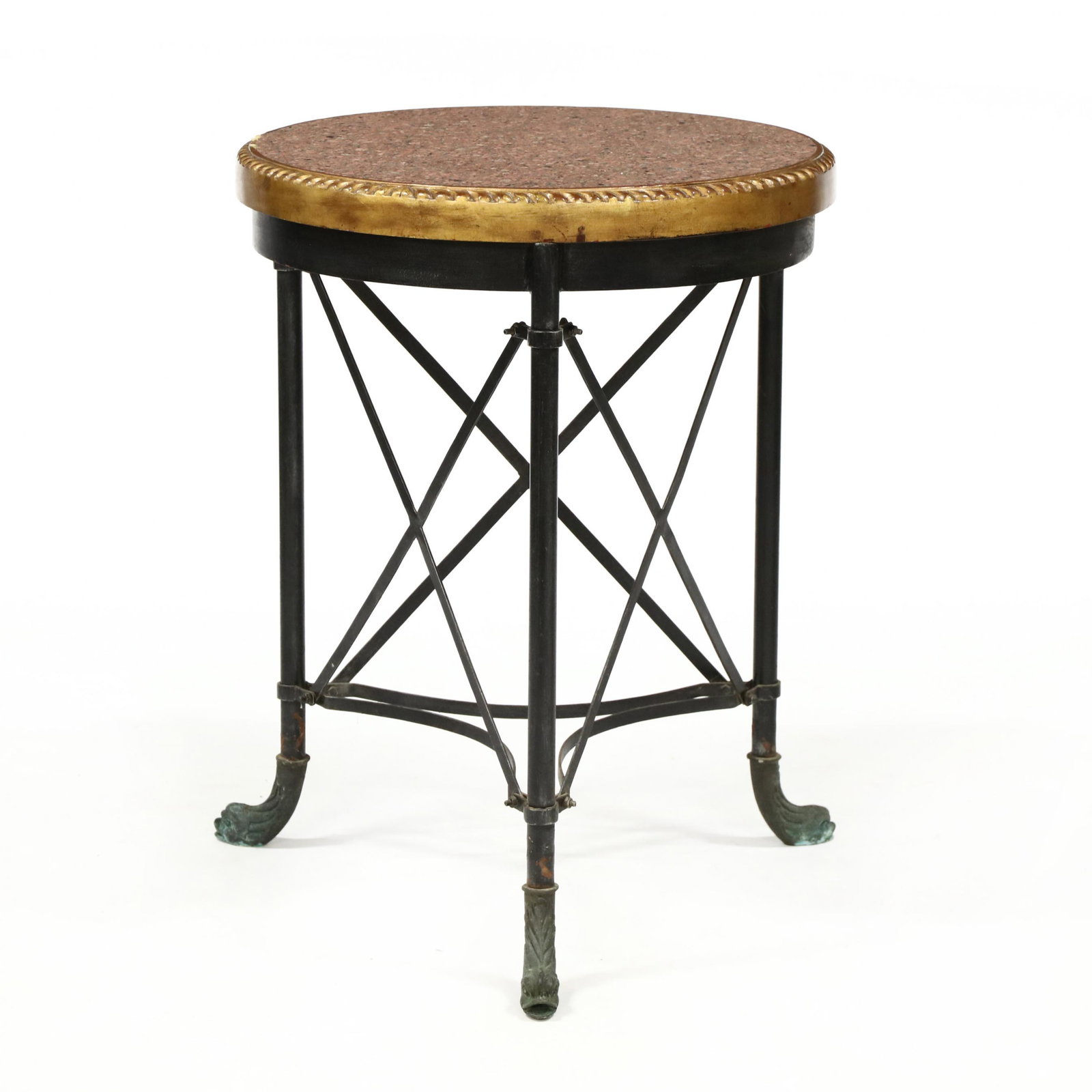 att. Theodore Alexander, Regency Style Granite Top: att. Theodore Alexander, Regency Style Granite Top Center Table contemporary, inset rouge stone top with carved and gilt composition surround, mounted to a painted metal base with dolphin form feet, u