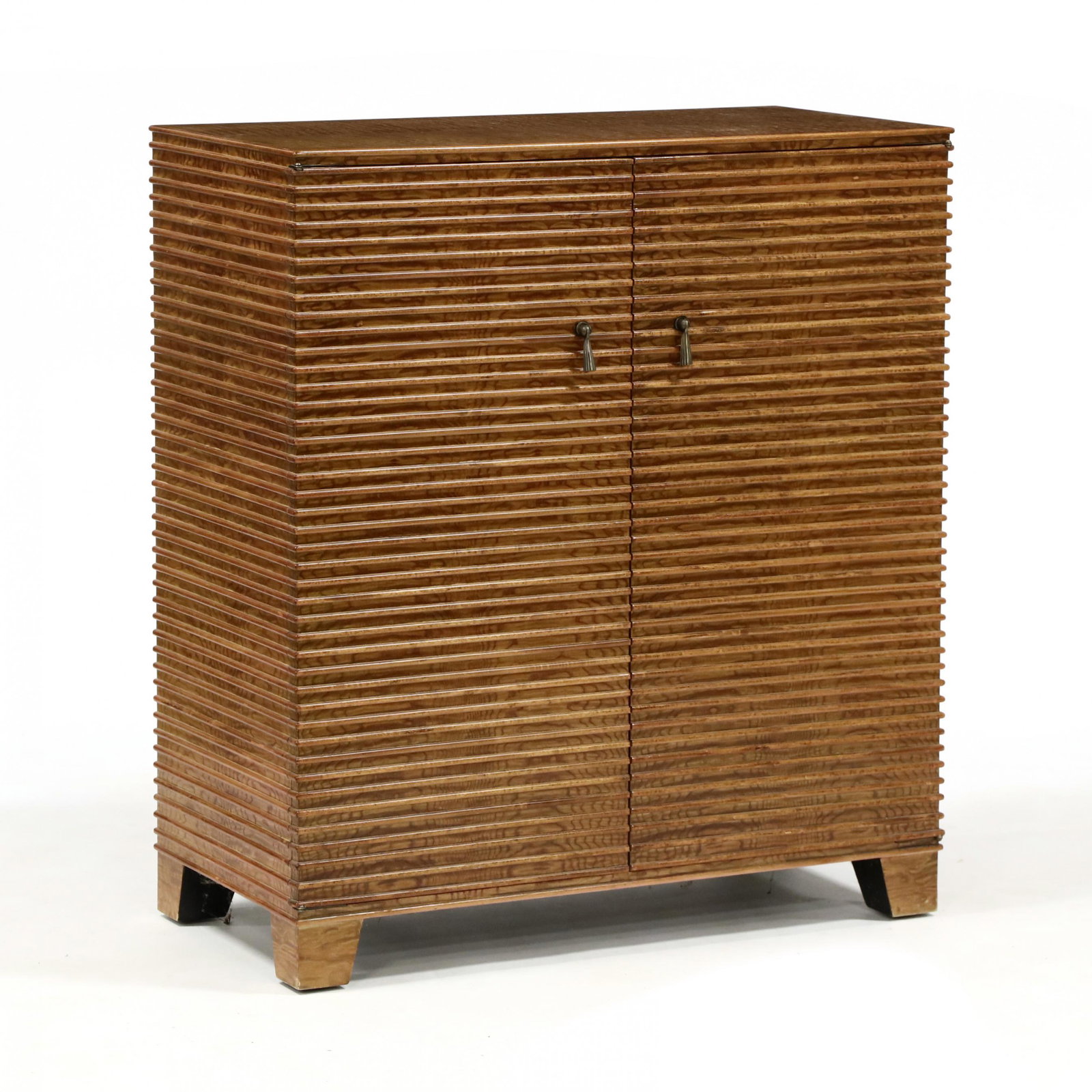 att. Theodore Alexander, Art Deco Style Figured Wood: att. Theodore Alexander, Art Deco Style Figured Wood Bar Cabinet contemporary, high grade satinwood and burl veneers, rectangular case with two hinged linear pattern doors, shelved interior with two f