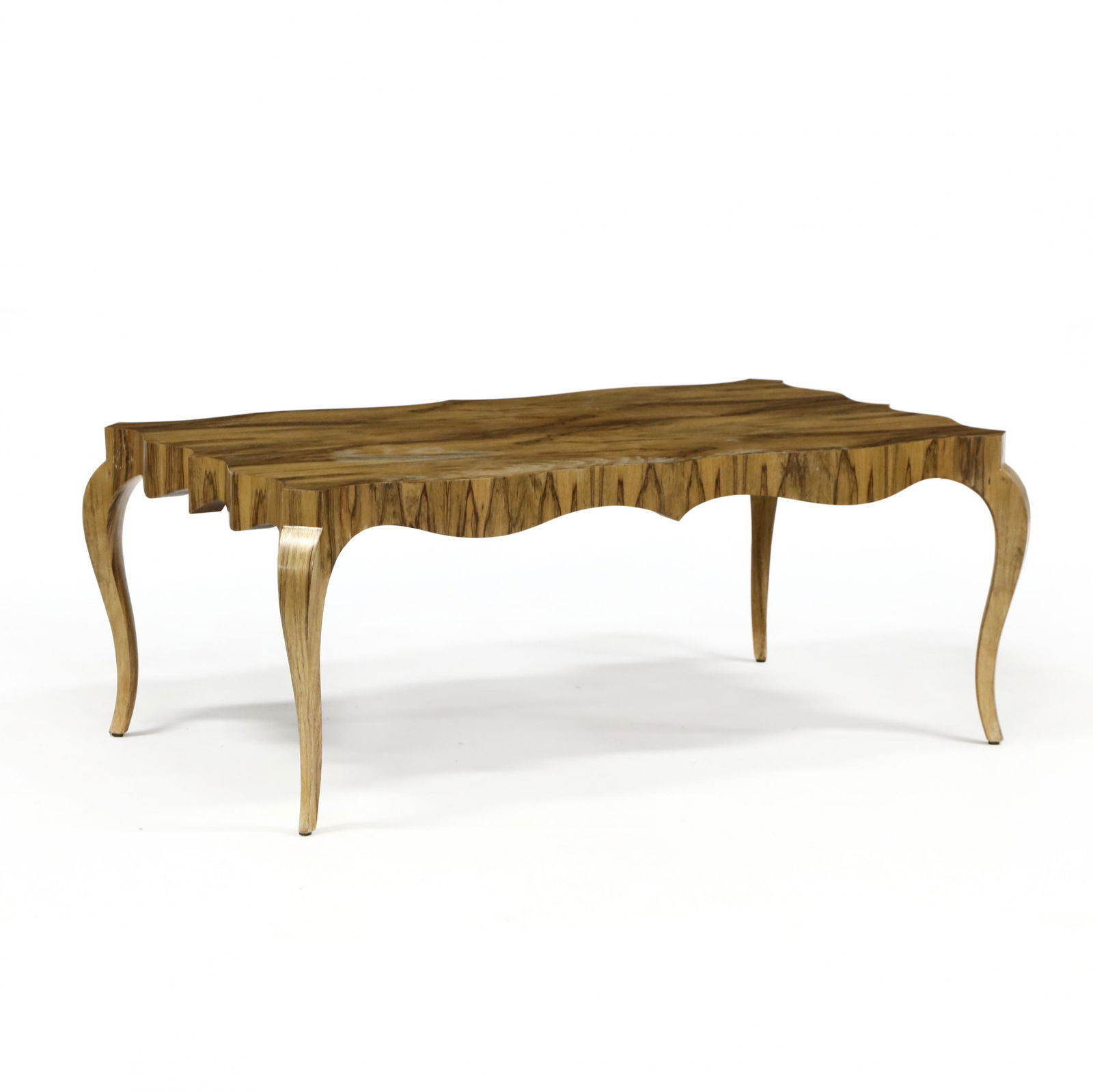 att. Theodore Alexander, Rosewood Veneered Coffee Table: att. Theodore Alexander, Rosewood Veneered Coffee Tablecontemporary, shaped rosewood veneer top, vertical veneered edge, raised on cabriole legs, unmarked. 19 x 48 x 28 in. The Collection of Mr. Duggi