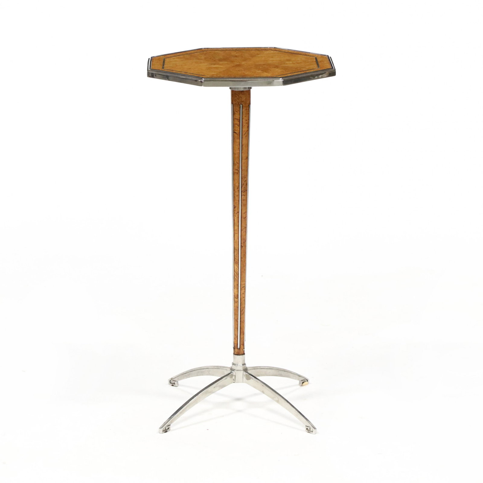 att. Theodore Alexander, Modernist Burlwood and Steel: att. Theodore Alexander, Modernist Burlwood and Steel Side Table contemporary, octagonal top with bookmatched high-grade karelian birch veneers with stainless steel inlay and molded edge, tapered stan