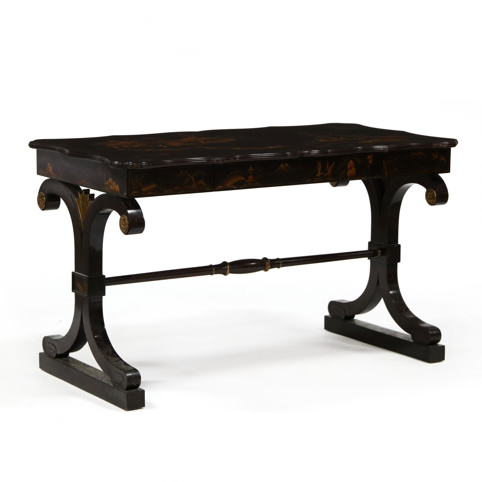 Theodore Alexander, Chinoiserie Writing Table: Theodore Alexander, Chinoiserie Writing Table contemporary, shaped top with raised lacquer decoration, one flush drawer, trestle form base with carved rosette and fans, labeled. 30 x 52 x 27 in. The C