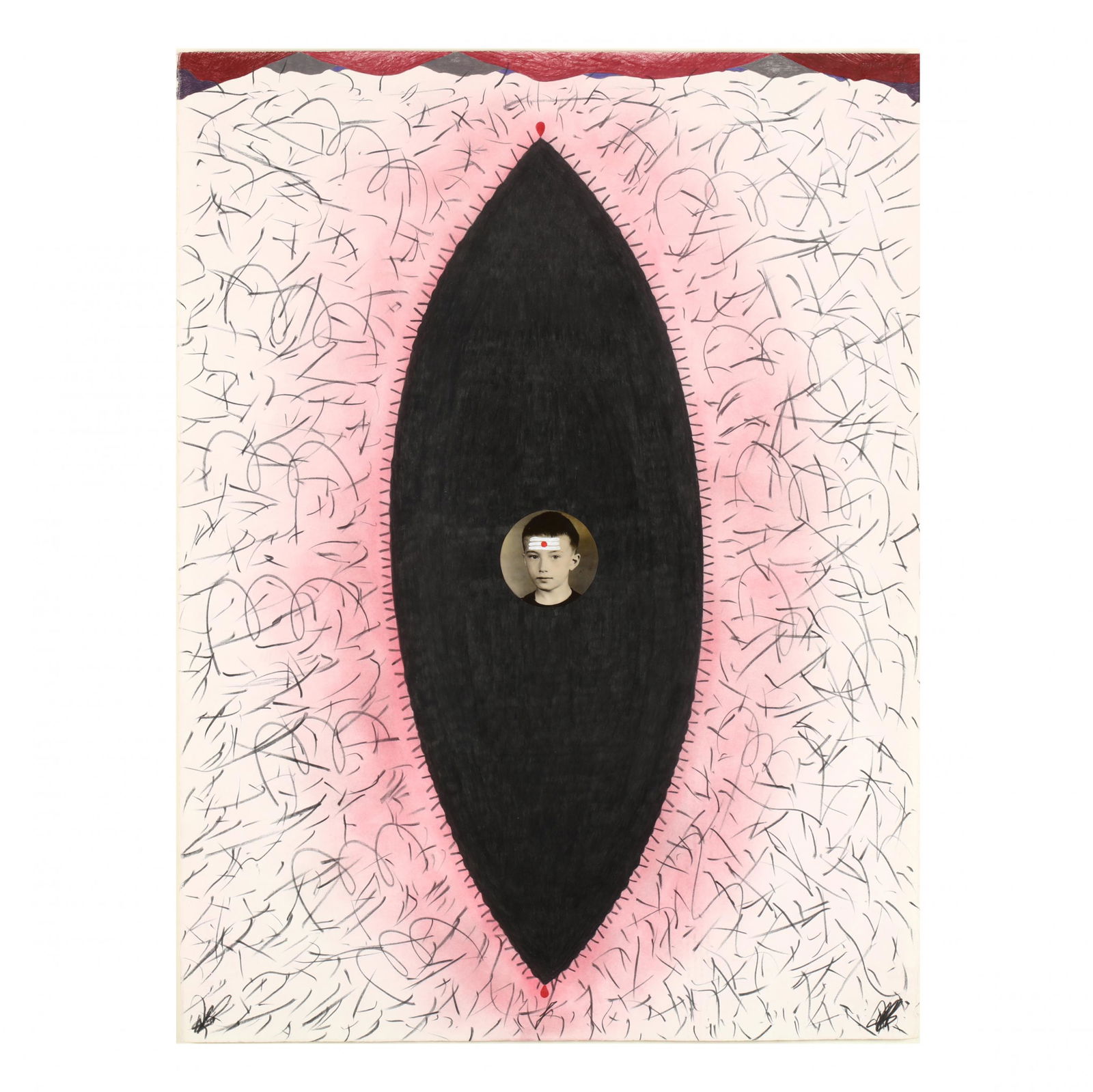 William Fields (NC, b. 1940), Self-Portrait Eye Drawing: William Fields (NC, b. 1940), Self-Portrait Eye Drawingprismacolor, pastel, and collage on paper, signed lower left and right, float mounted behind UV artglass, double matted and framed. DOA 41.75 x 3