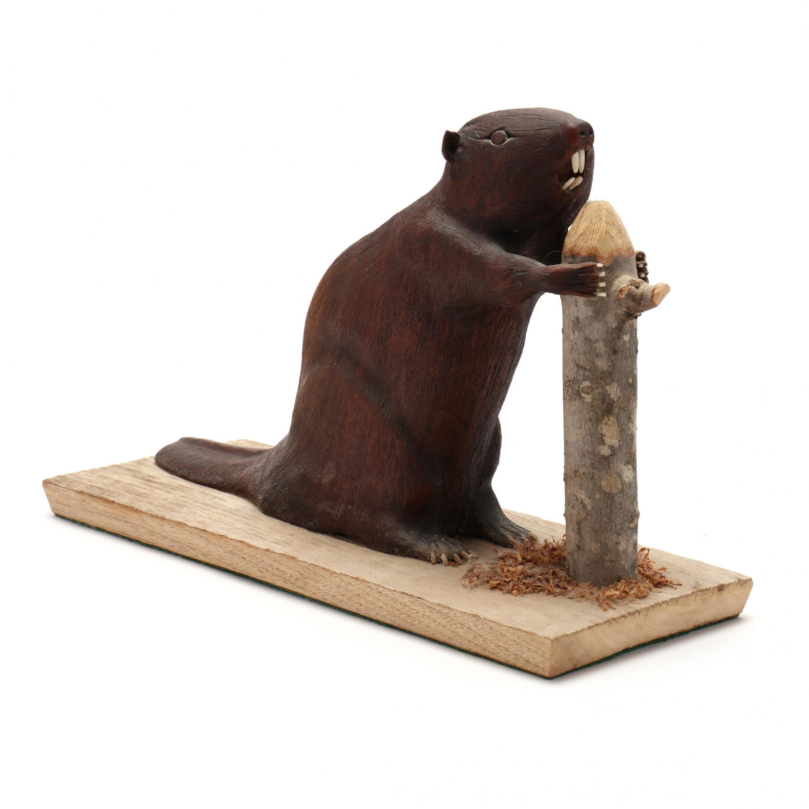 NC Folk Art Carving, George SerVance, Thomasville, NC.: NC Folk Art Carving, George SerVance, Thomasville, NC. (d. 2008)Composition of a beaver gnawing on a branch, the details of the Black Walnut carved animal include incised fur, sharp incisor teeth, and