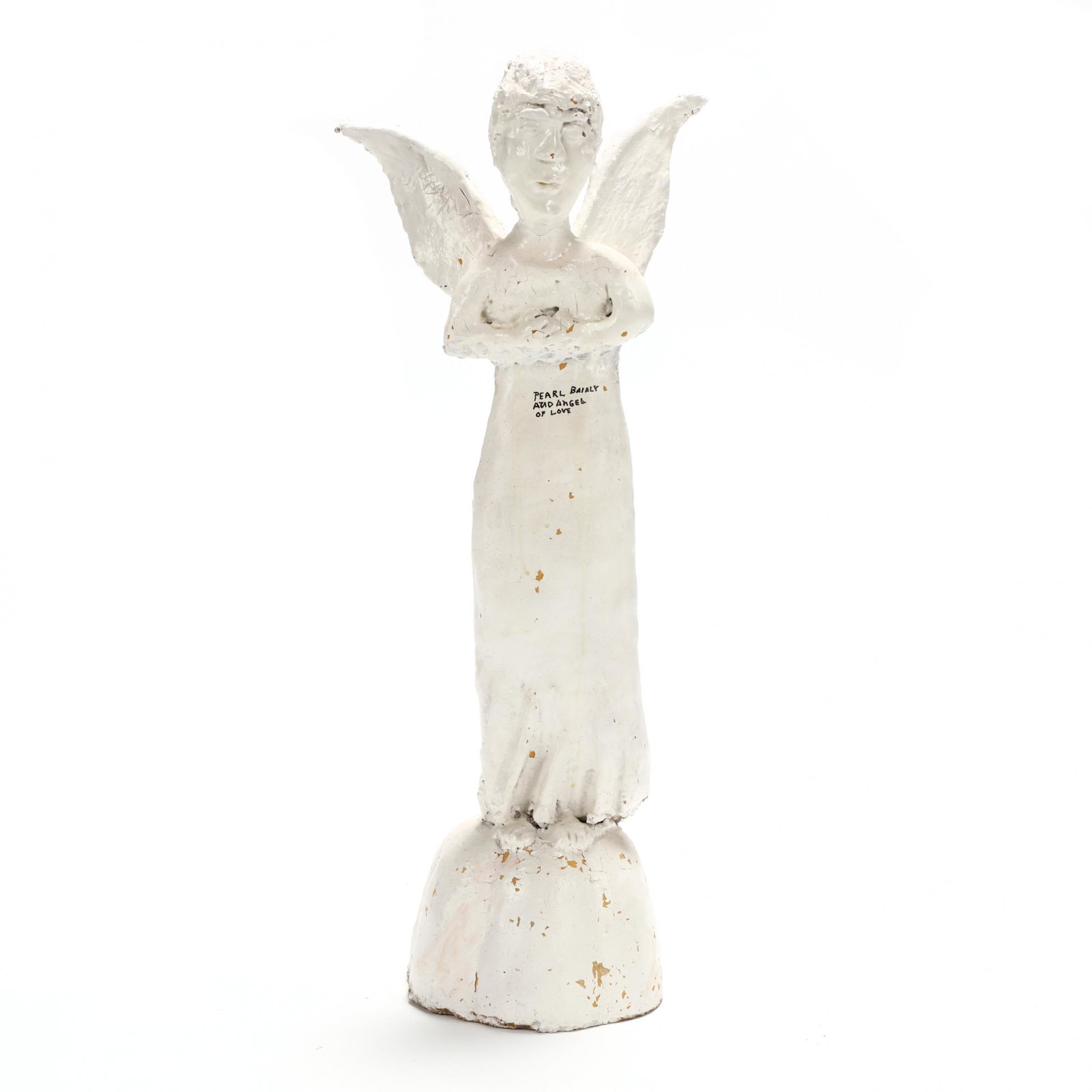 Vernon Burwell (NC, 1916-1990), Pearl Bailey and the: Vernon Burwell (NC, 1916-1990), Pearl Bailey and the Angel of Love painted concrete, signed to verso, 1983, title inscribed to recto. 32 x 13 x 8.5 in. Purchased by Weatherspoon Art Museum from the ar