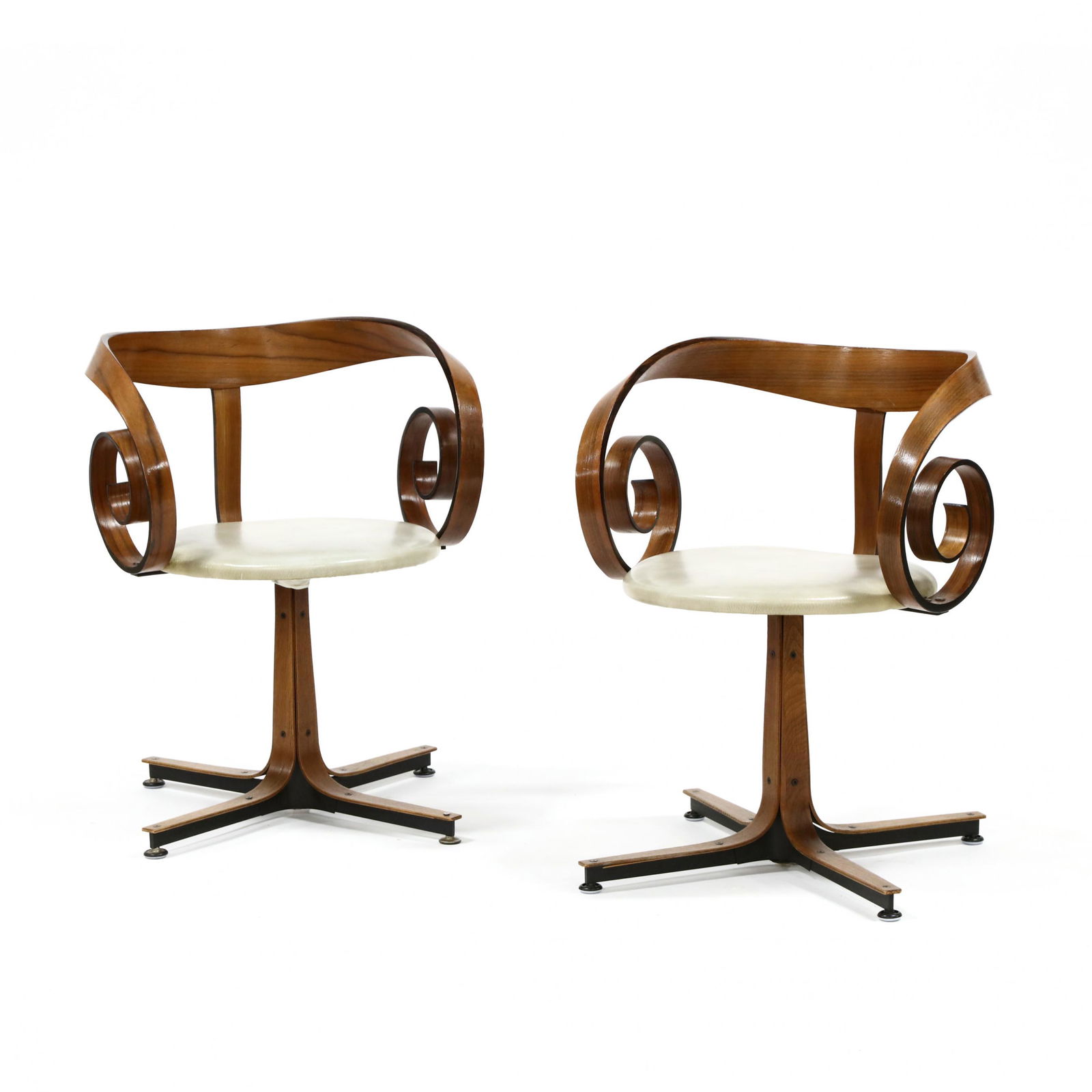 George Mulhauser, Pair of Sultana Chairs: George Mulhauser, Pair of Sultana Chairs1960s, Plycraft, walnut bentwood frames with naugahyde swivel seats, unmarked. 28 x 23 x 19 in., seat height 17 in. Additional high-resolution photos are avail