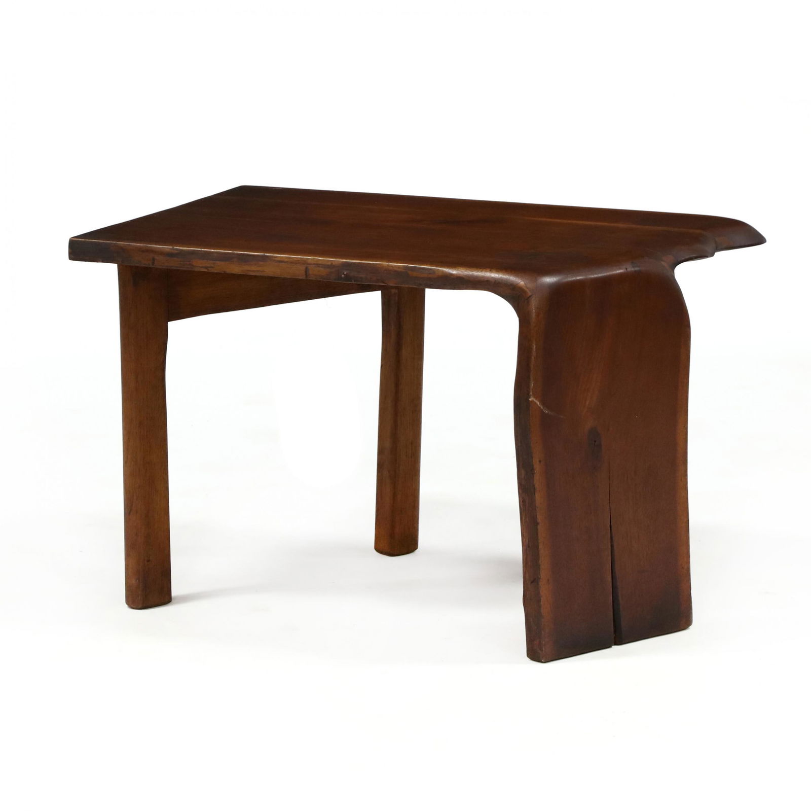 Mid-Century Signed Teak Low Table: Mid-Century Signed Teak Low Tablesigned J. Cimp? '75 to underside, shaped rectangular top with one waterfall leg and two support legs. 19.5 x 31 x 21 in. Collection of a Gentleman, Hillsborough, North