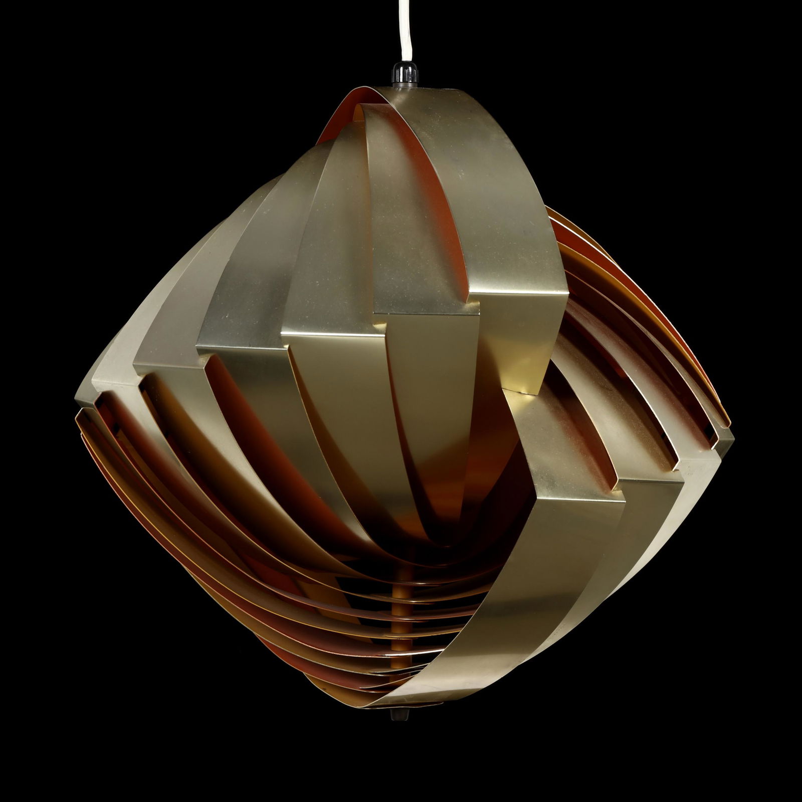Louis Weisdorf, "Konkylie" Hanging Light for Lyfa: circa 1950, Denmark, brass exterior strips with orange and yellow alternating interior panels, marked to base "Made in Denmark". 14 x 16 in. diameter Being sold to benefit NC Modernist, non-profit doc