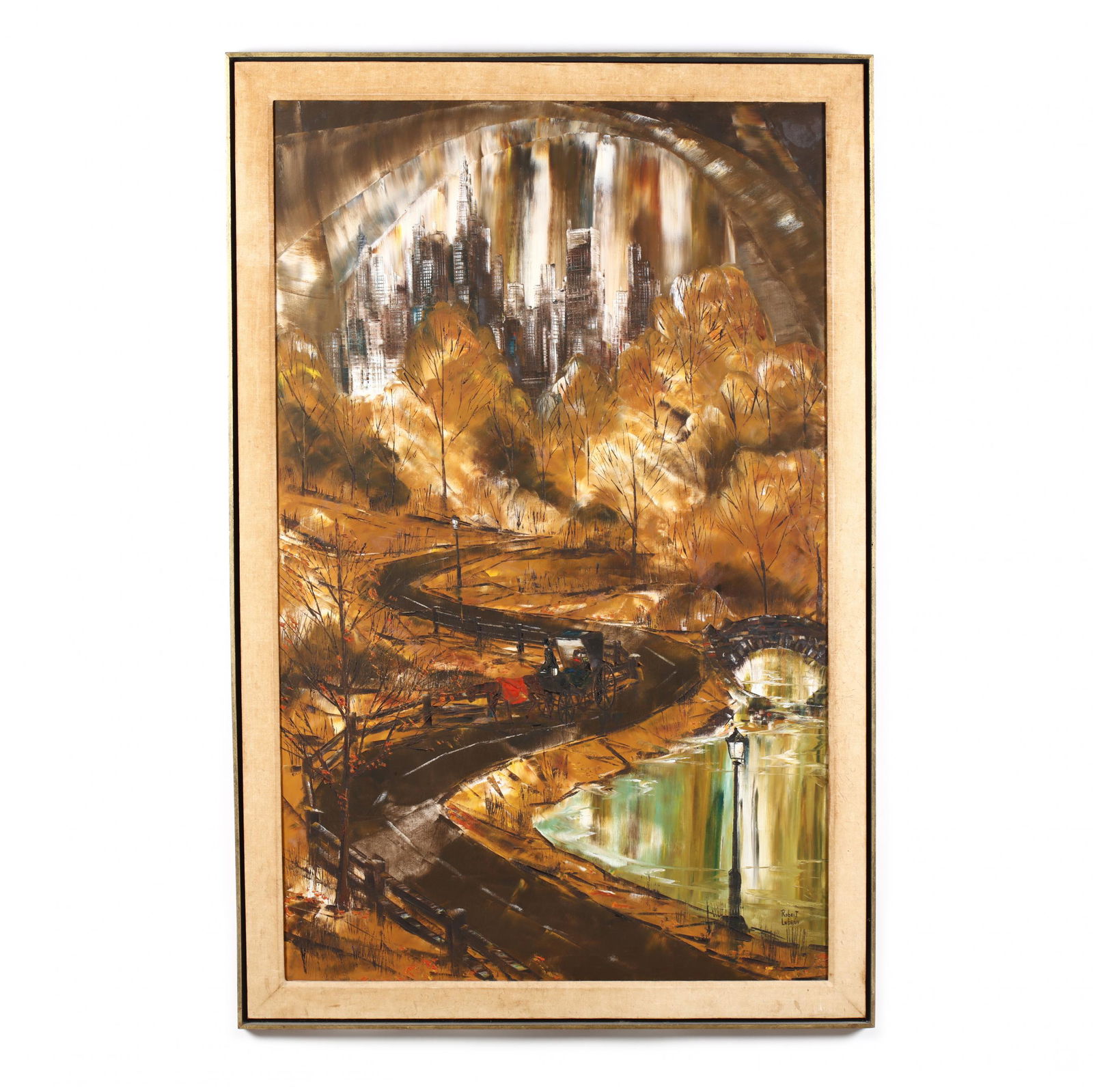 Robert Lebron (NY/Puerto Rico, 1928-2013), Carriage in: Robert Lebron (NY/Puerto Rico, 1928-2013), Carriage in Central Park, New York Cityoil on canvas, signed at lower right, in original wooden frame with brass and linen liner. Frame dimensions 52.75 x 34