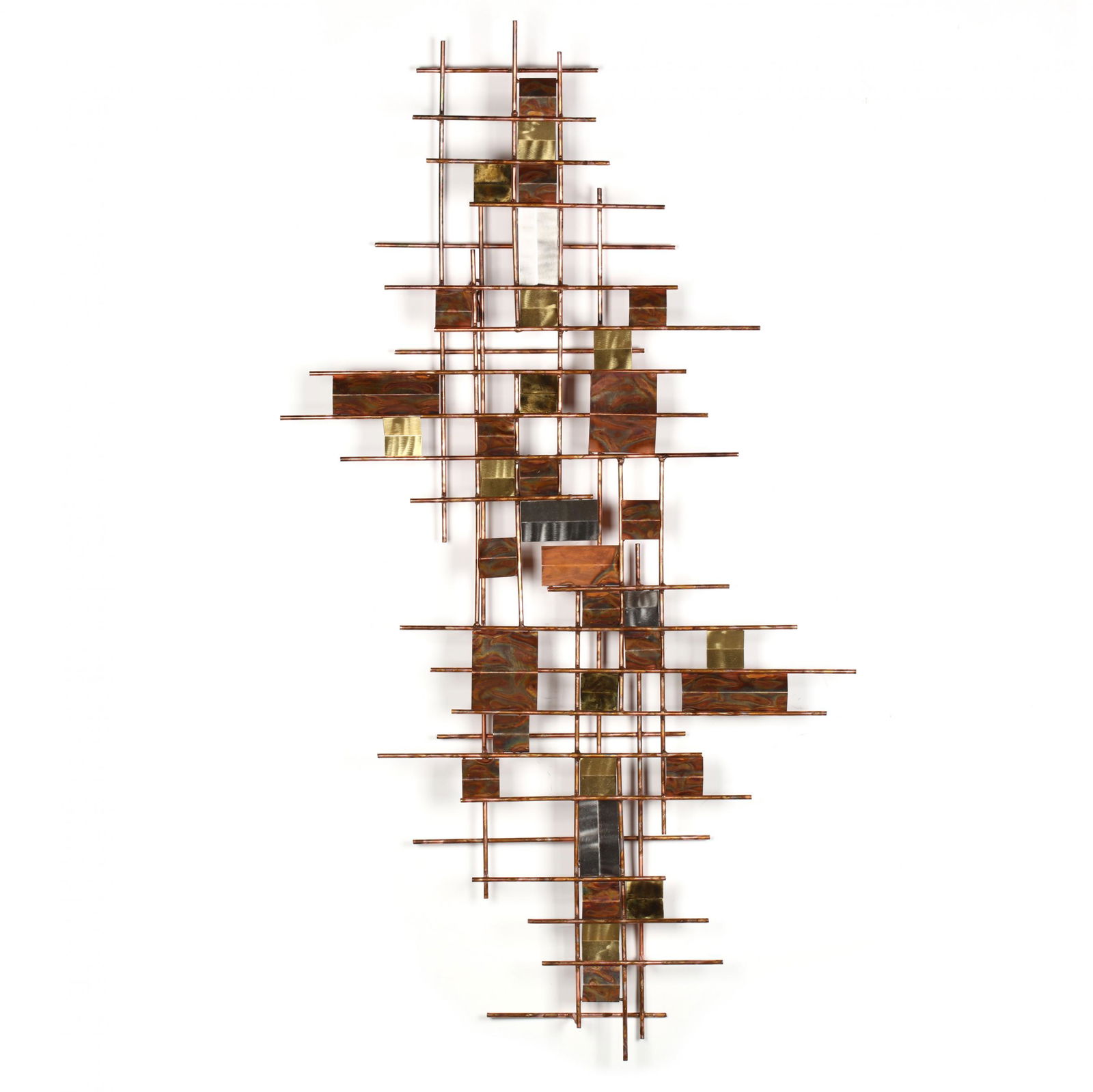 Modern Brutalist Metal Wall Sculpture: Modern Brutalist Metal Wall Sculpturein the style of Curtis Jere, late 20th century, copper, brass and steel, appears unmarked. 51 x 32 in. From the collection of Nancy & Terry Grier, Wilmington, Nort